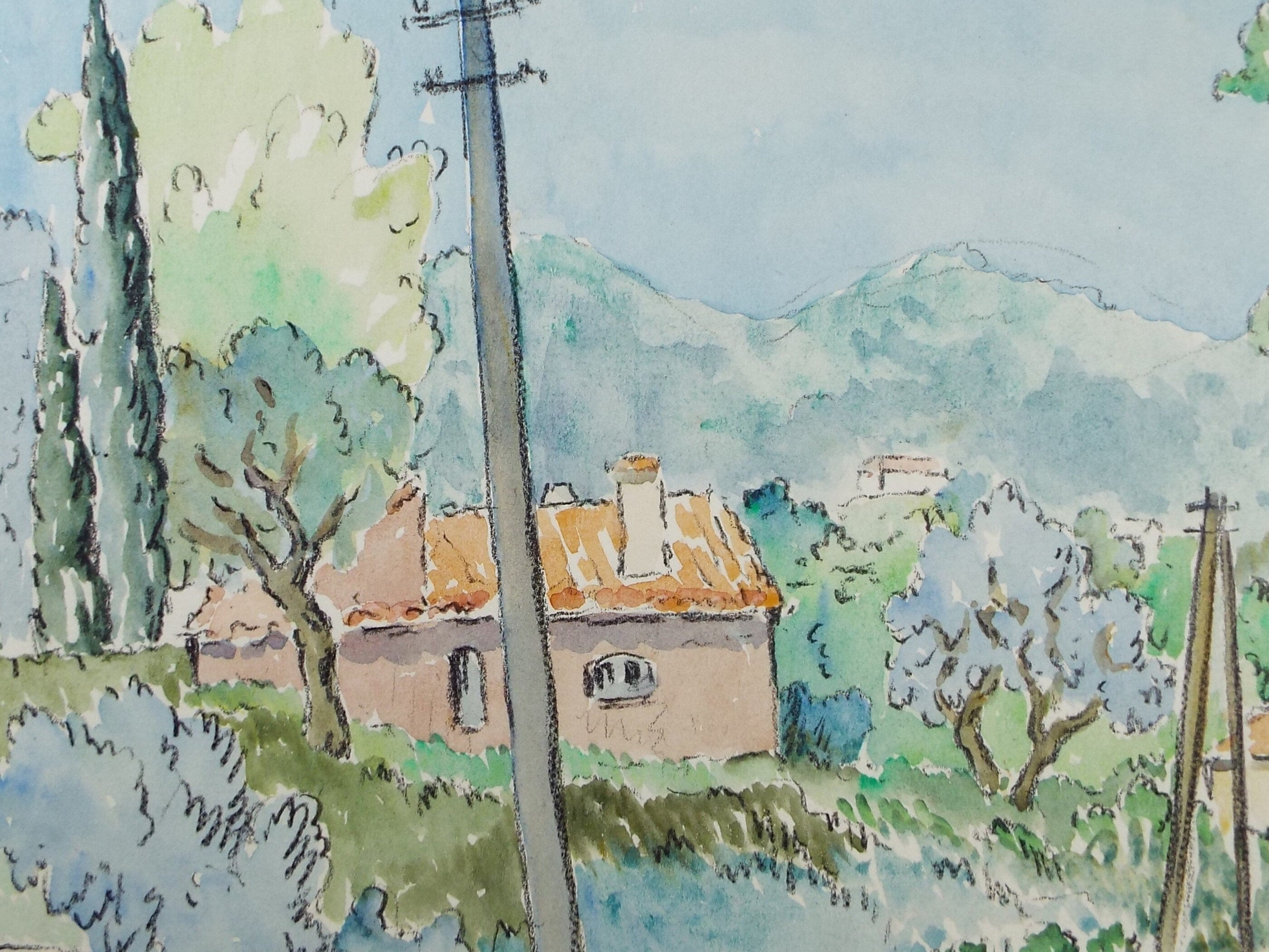 Original Watercolour & Ink , 'Mougins', Cicely Glyn de Beers (1891-1973), Dated 1964