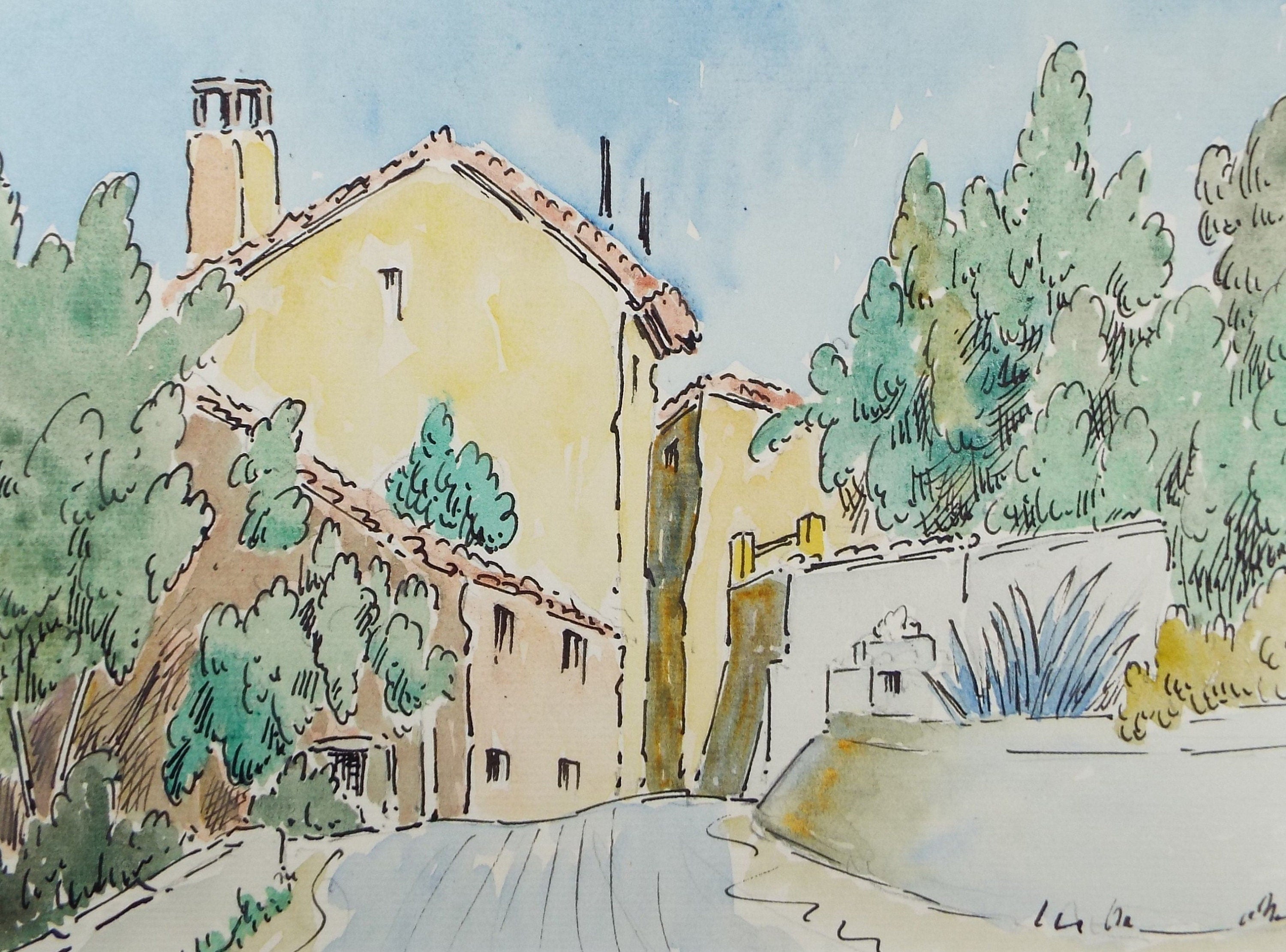 Original Watercolour & Ink , 'Mougins', Cicely Glyn de Beers (1891-1973), Dated 1964