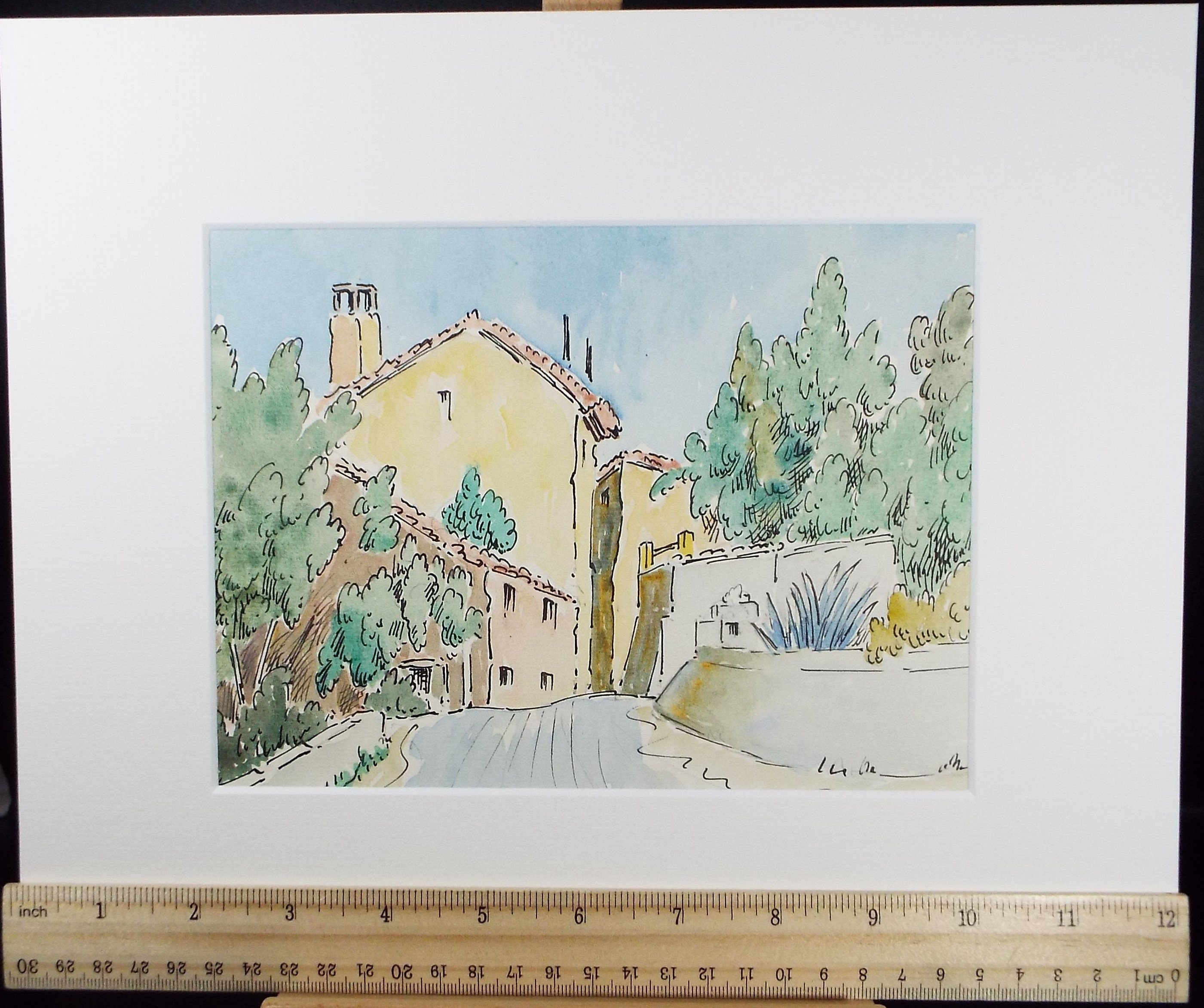 Original Watercolour & Ink , 'Mougins', Cicely Glyn de Beers (1891-1973), Dated 1964