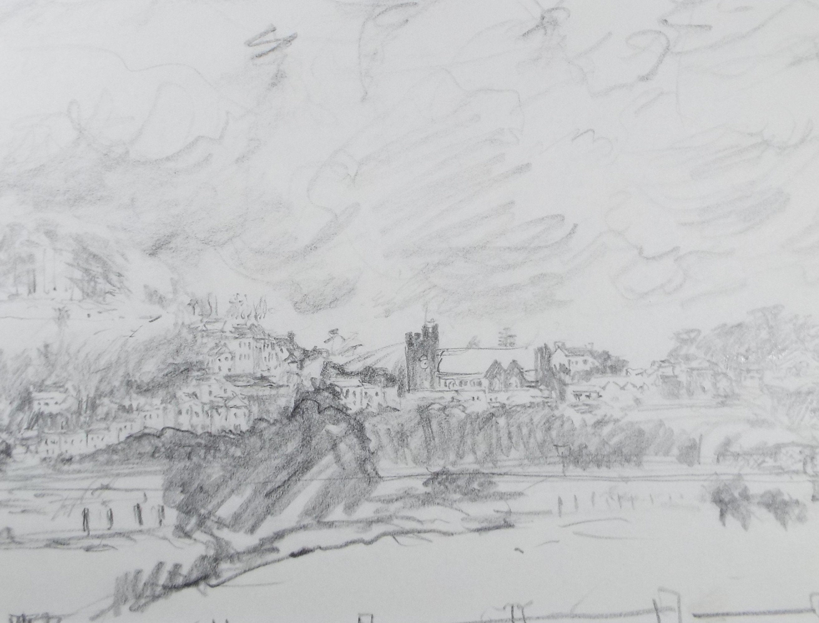 Original Pencil Drawing, 'Town on the Hill', Leslie Duxbury ARCA (1921-2001), Circa 1950's