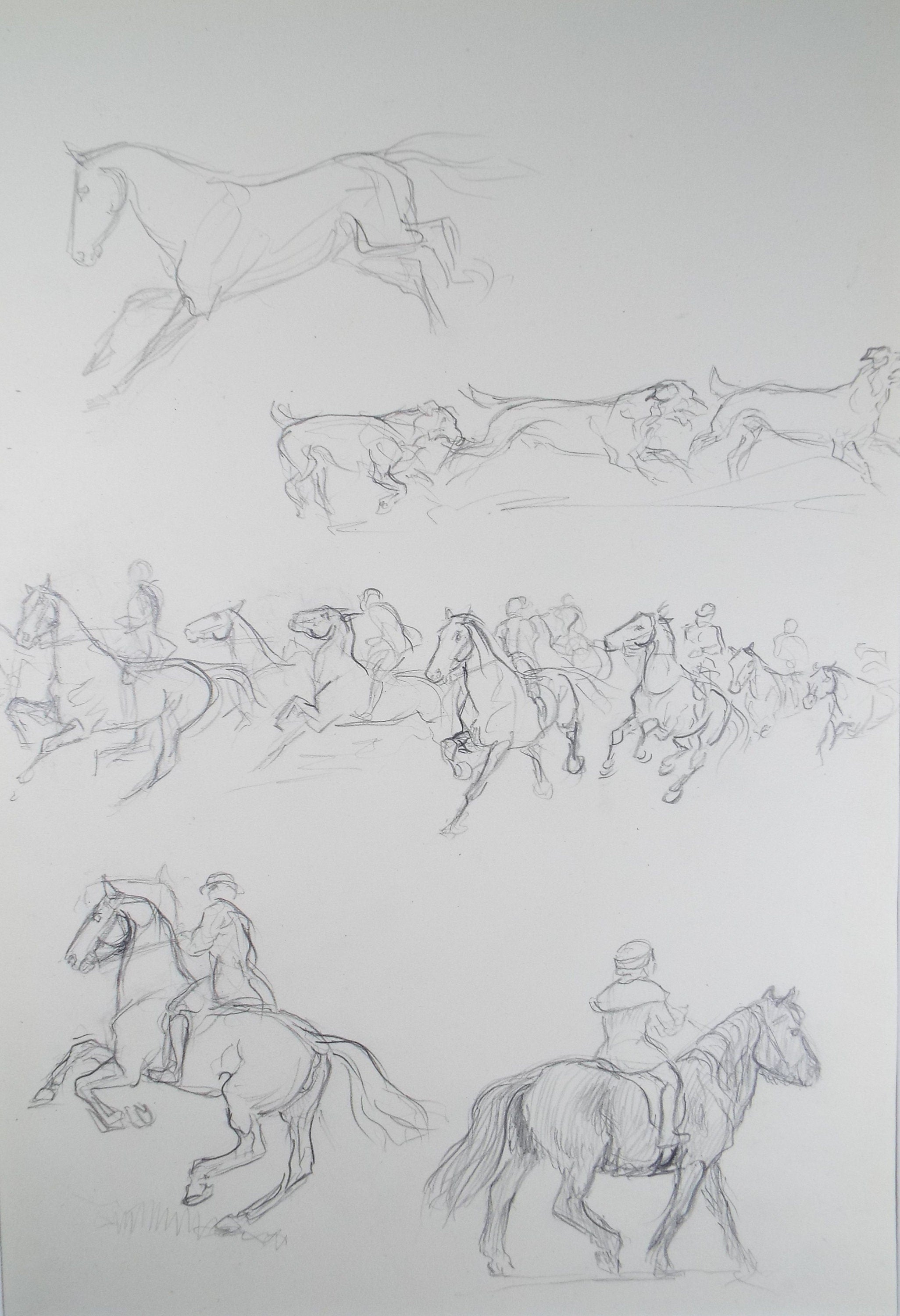 Original Pencil Sketch,'Study of Horses and Hounds', Helen Collins (1921-1990), circa 1938/9