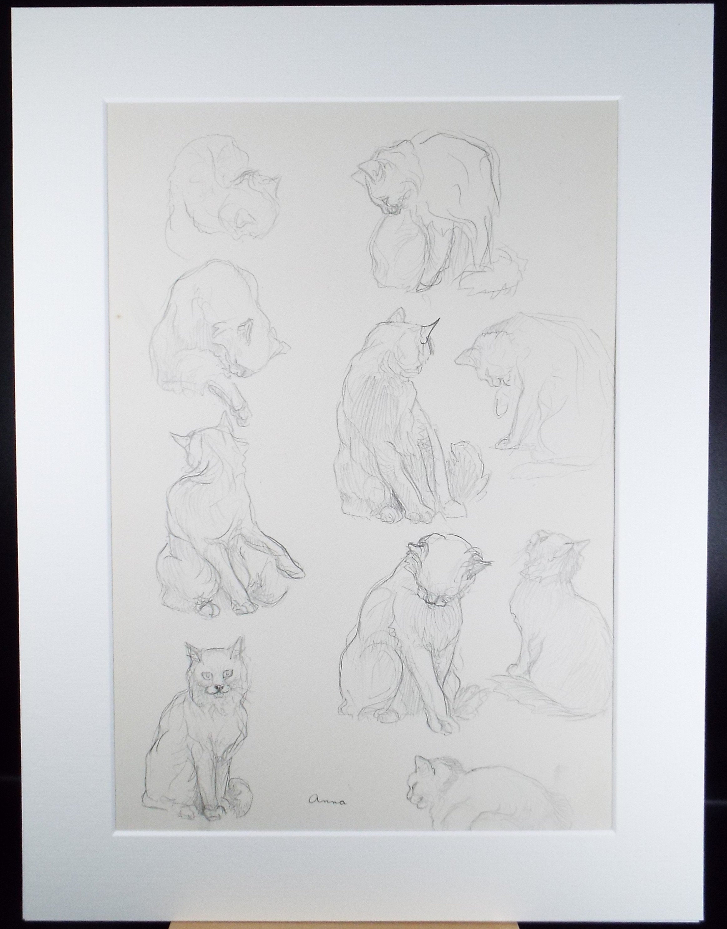 Original Pencil Sketch,'Study of cats', Helen Collins (1921-1990), circa 1938/9