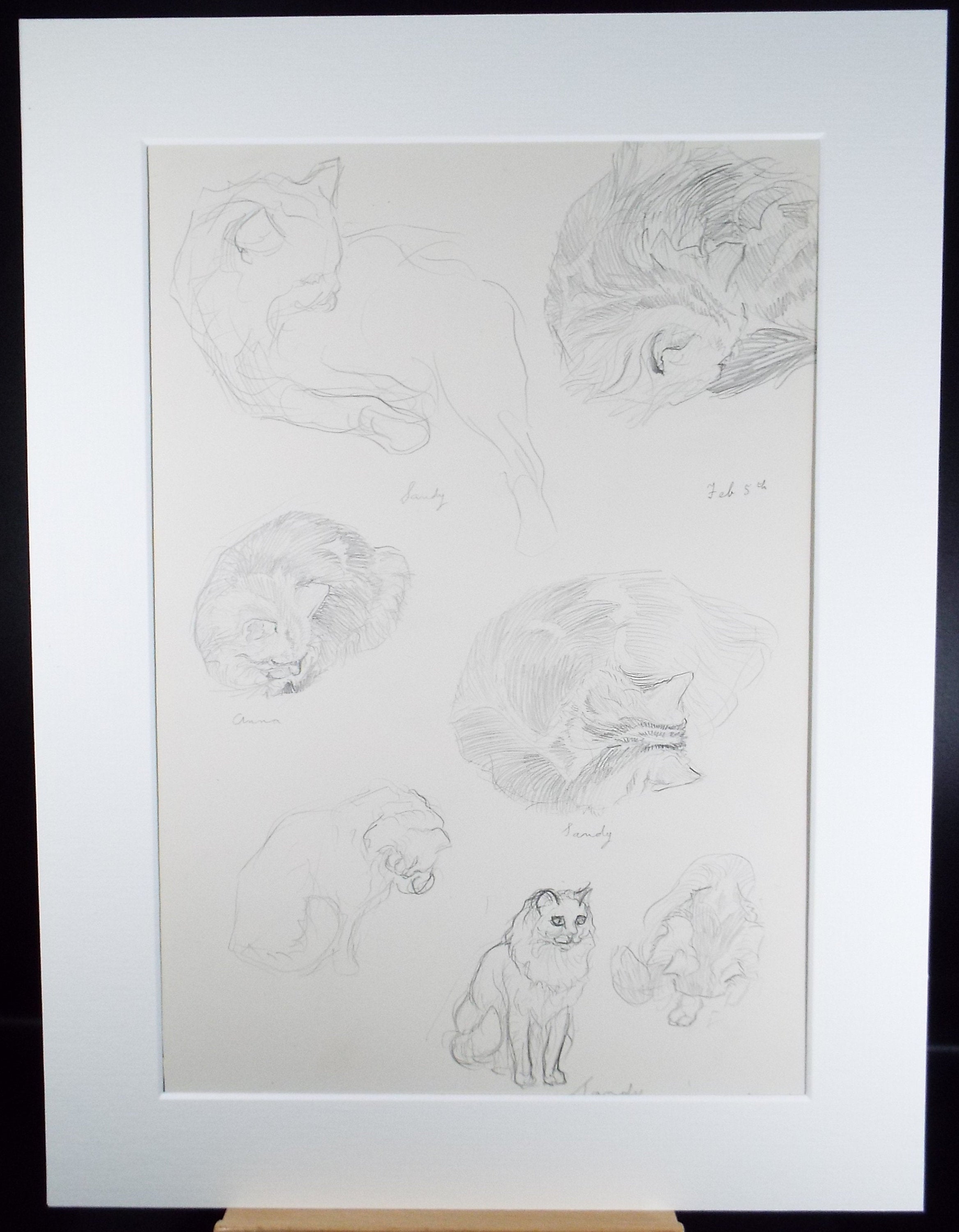 Original Pencil Sketch,'Study of cats', Helen Collins (1921-1990), circa 1938/9