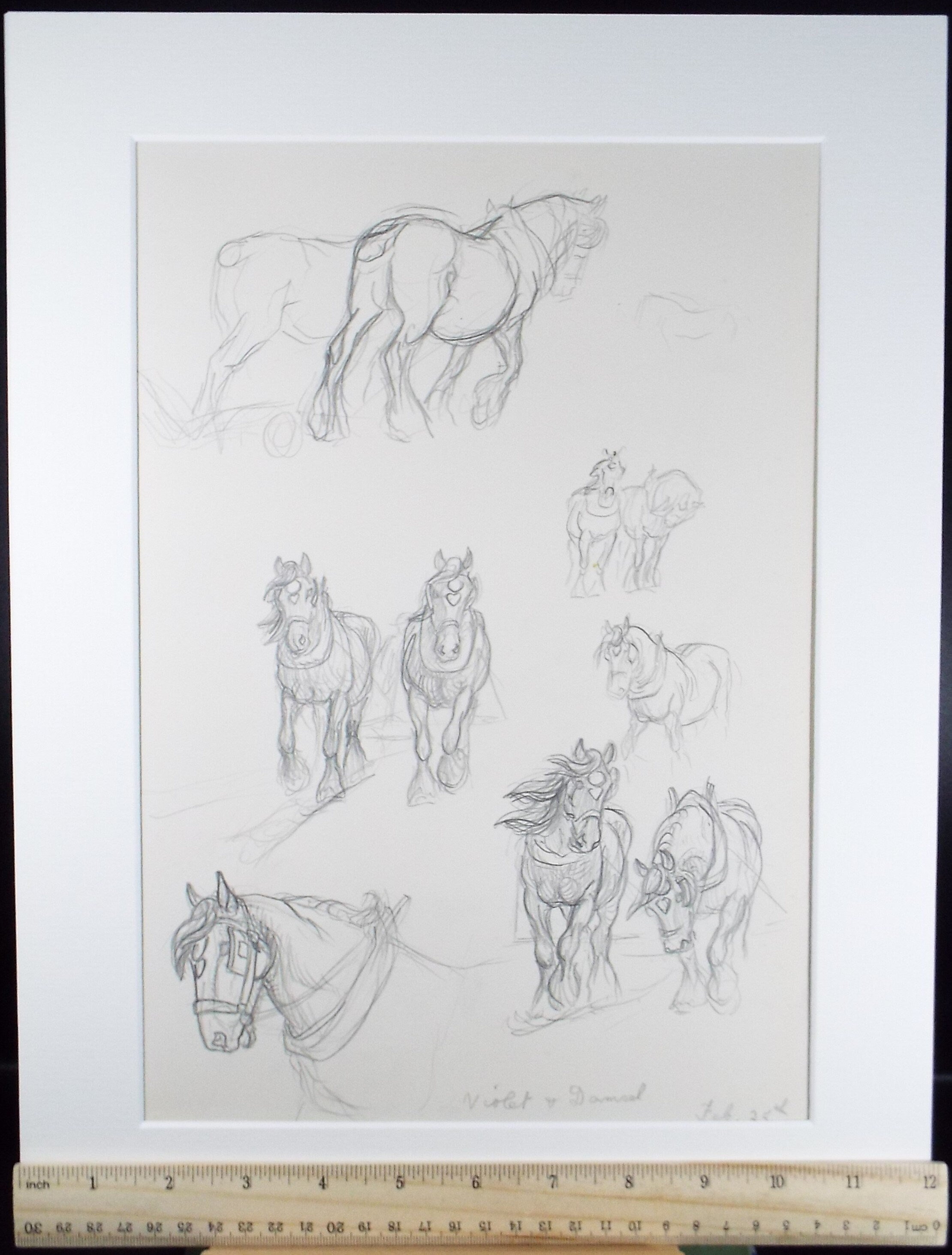 Original Pencil Sketch,'Study of Heavy Horses', Helen Collins (1921-1990), circa 1938/9