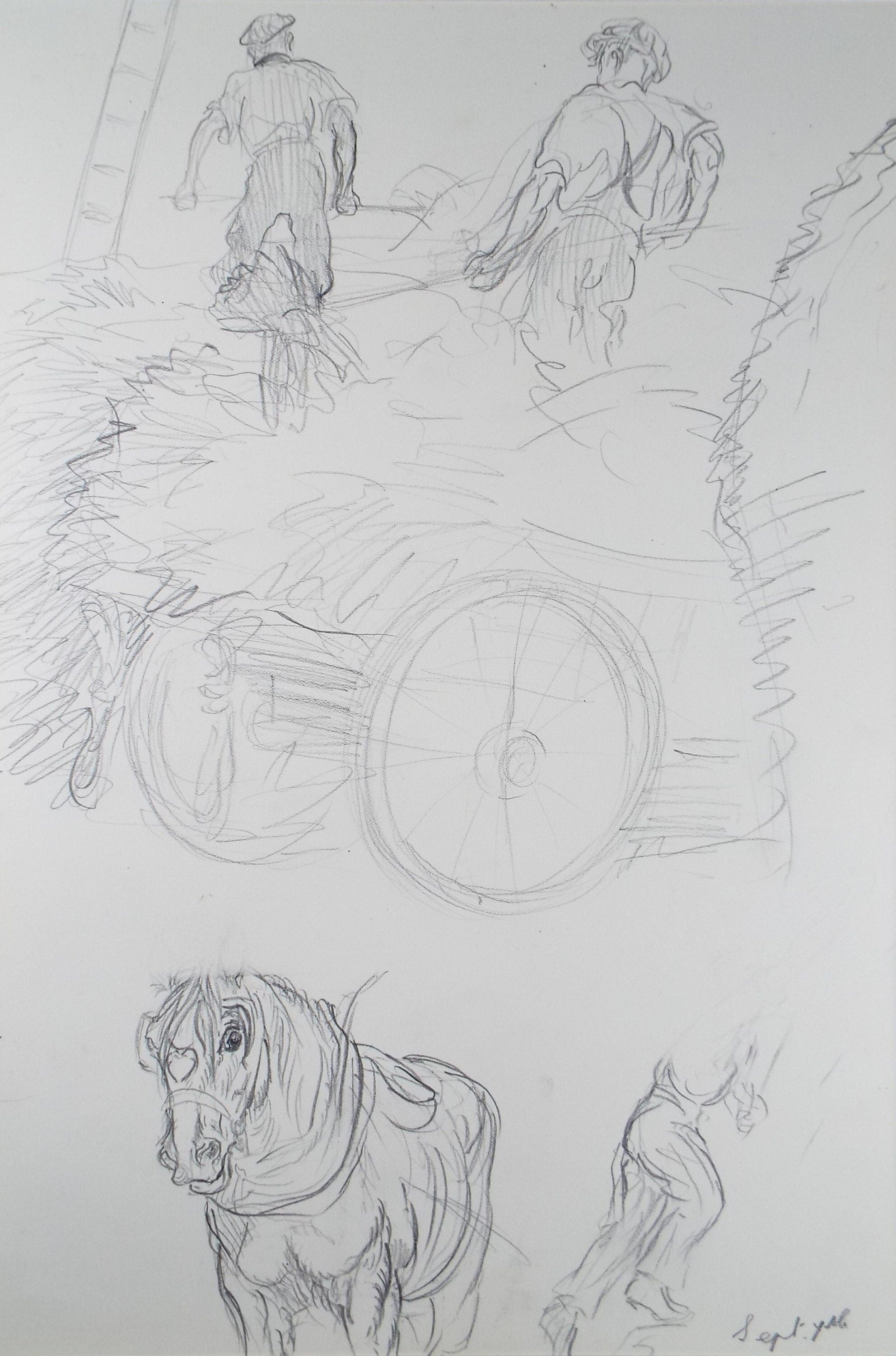 Original Pencil Sketch,'Study of Heavy Horses & Farm Workers', Helen Collins (1921-1990), circa 1938/9