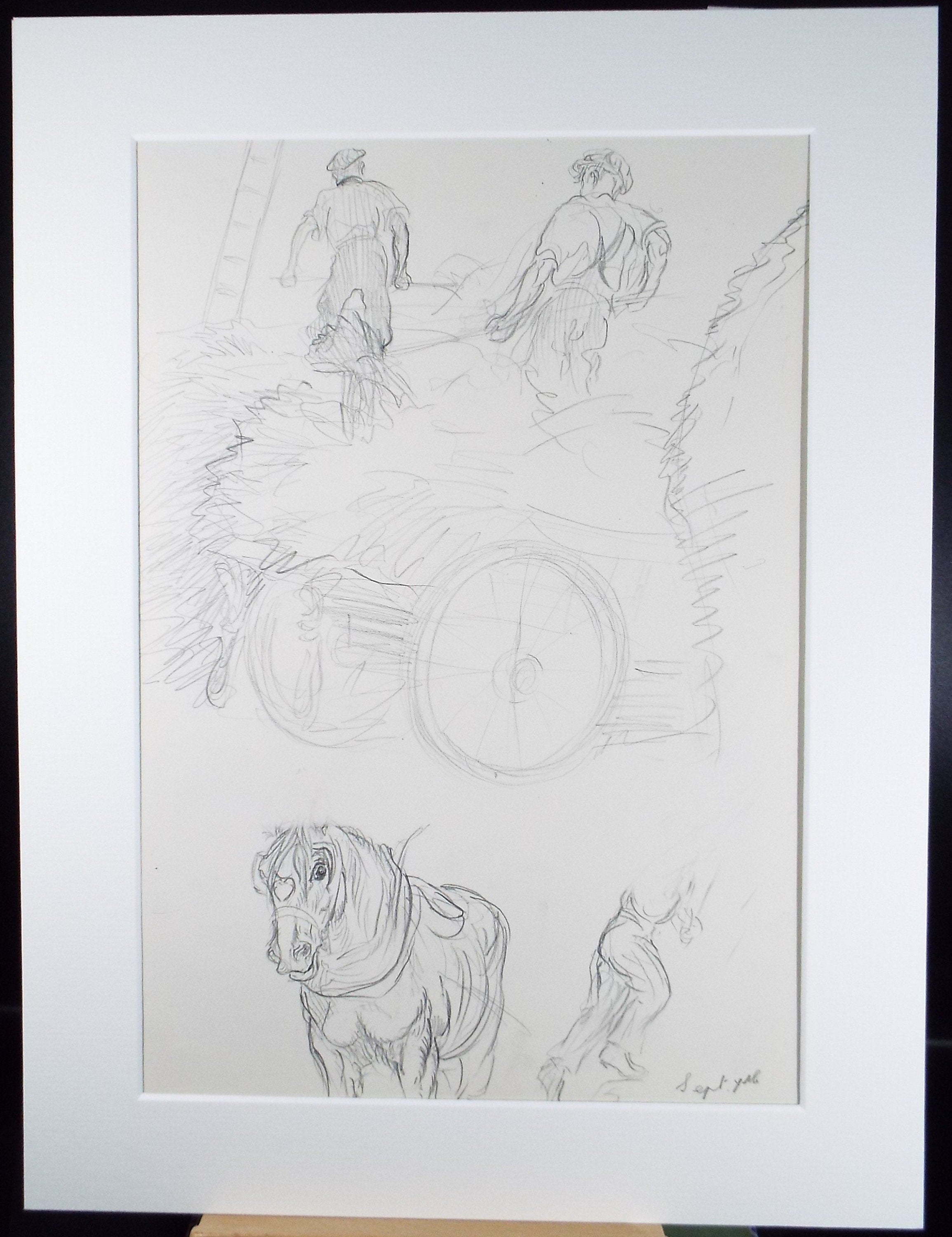 Original Pencil Sketch,'Study of Heavy Horses & Farm Workers', Helen Collins (1921-1990), circa 1938/9