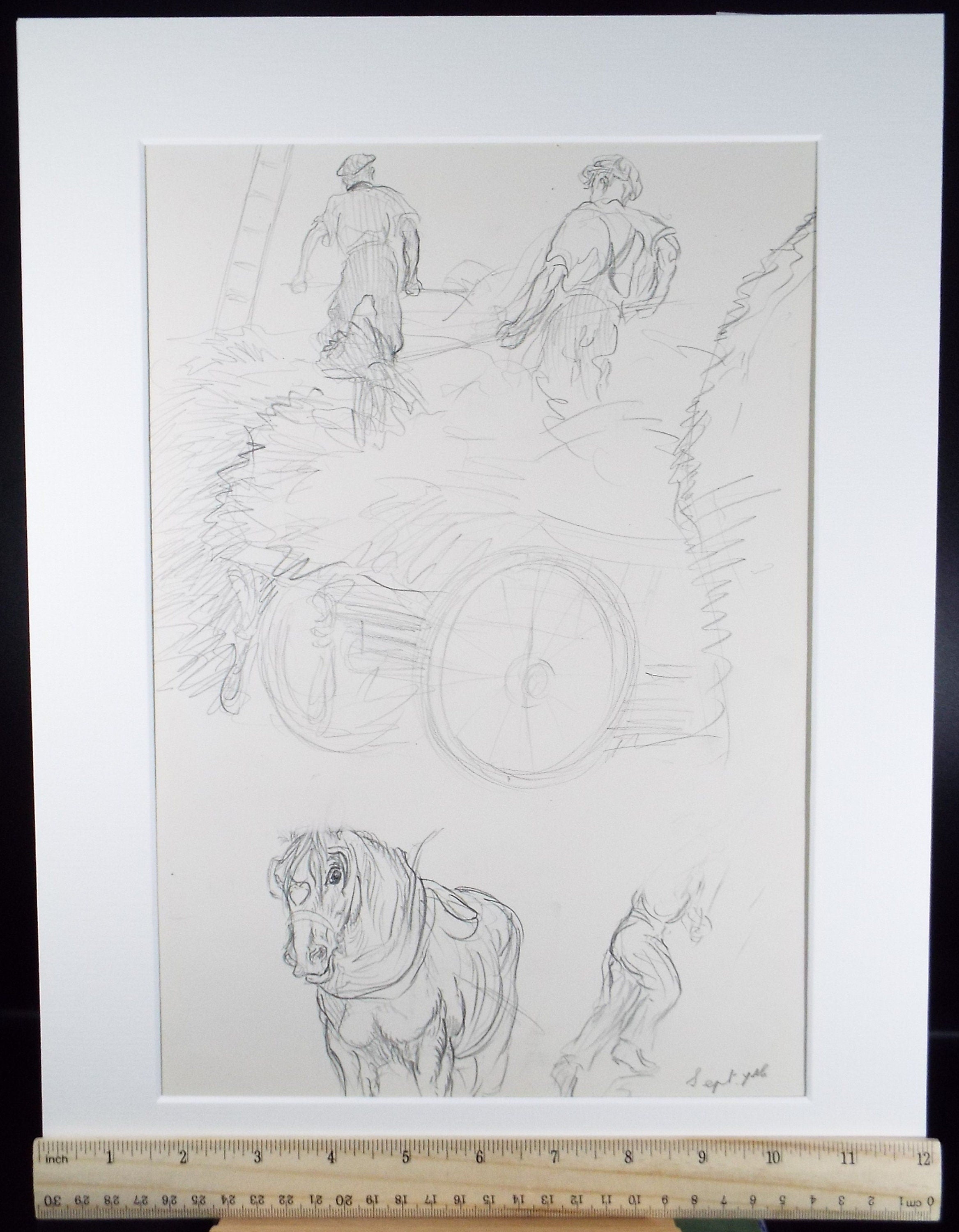 Original Pencil Sketch,'Study of Heavy Horses & Farm Workers', Helen Collins (1921-1990), circa 1938/9