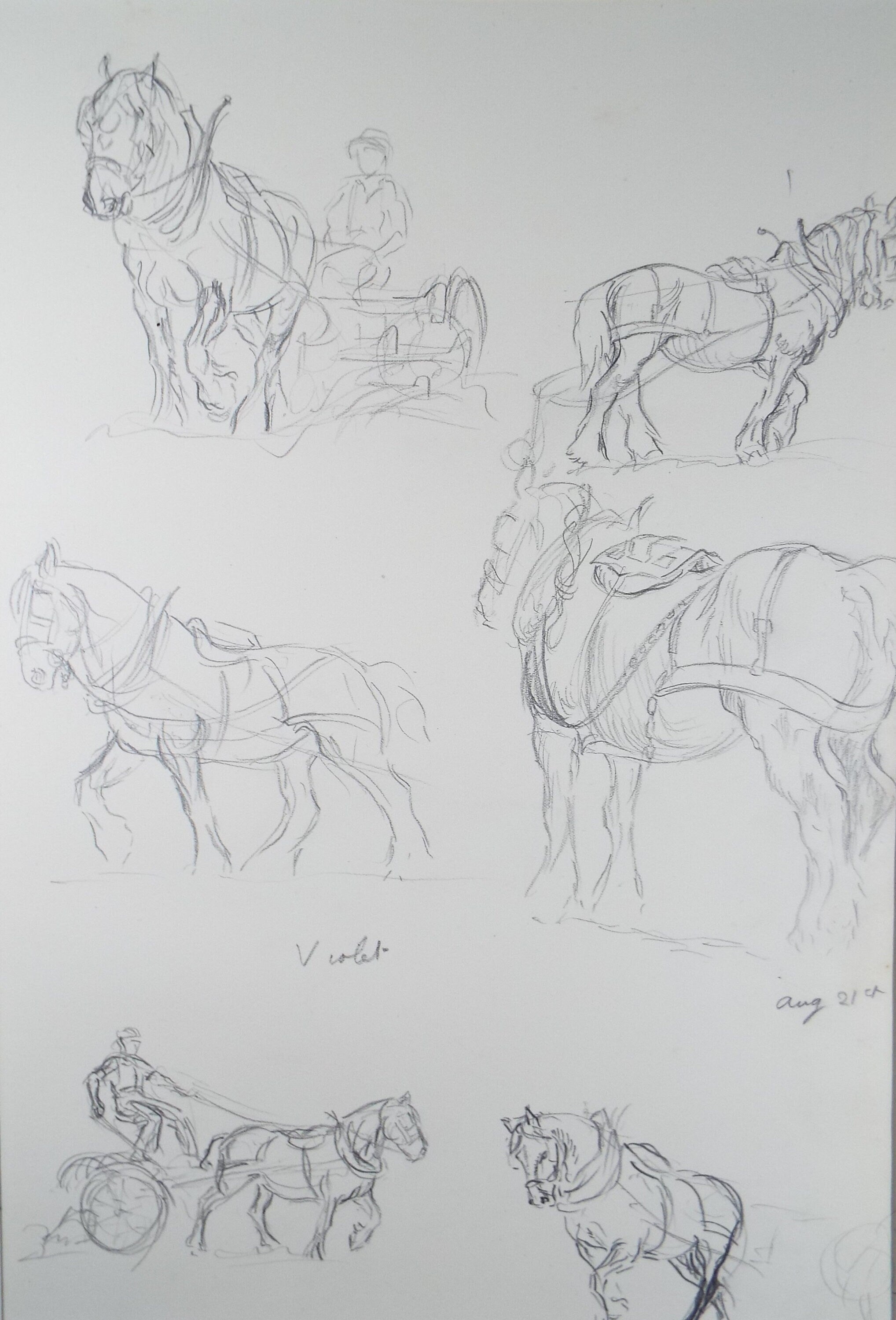 Original Pencil Sketch,'Study of Heavy Horses', Helen Collins (1921-1990), circa 1938/9