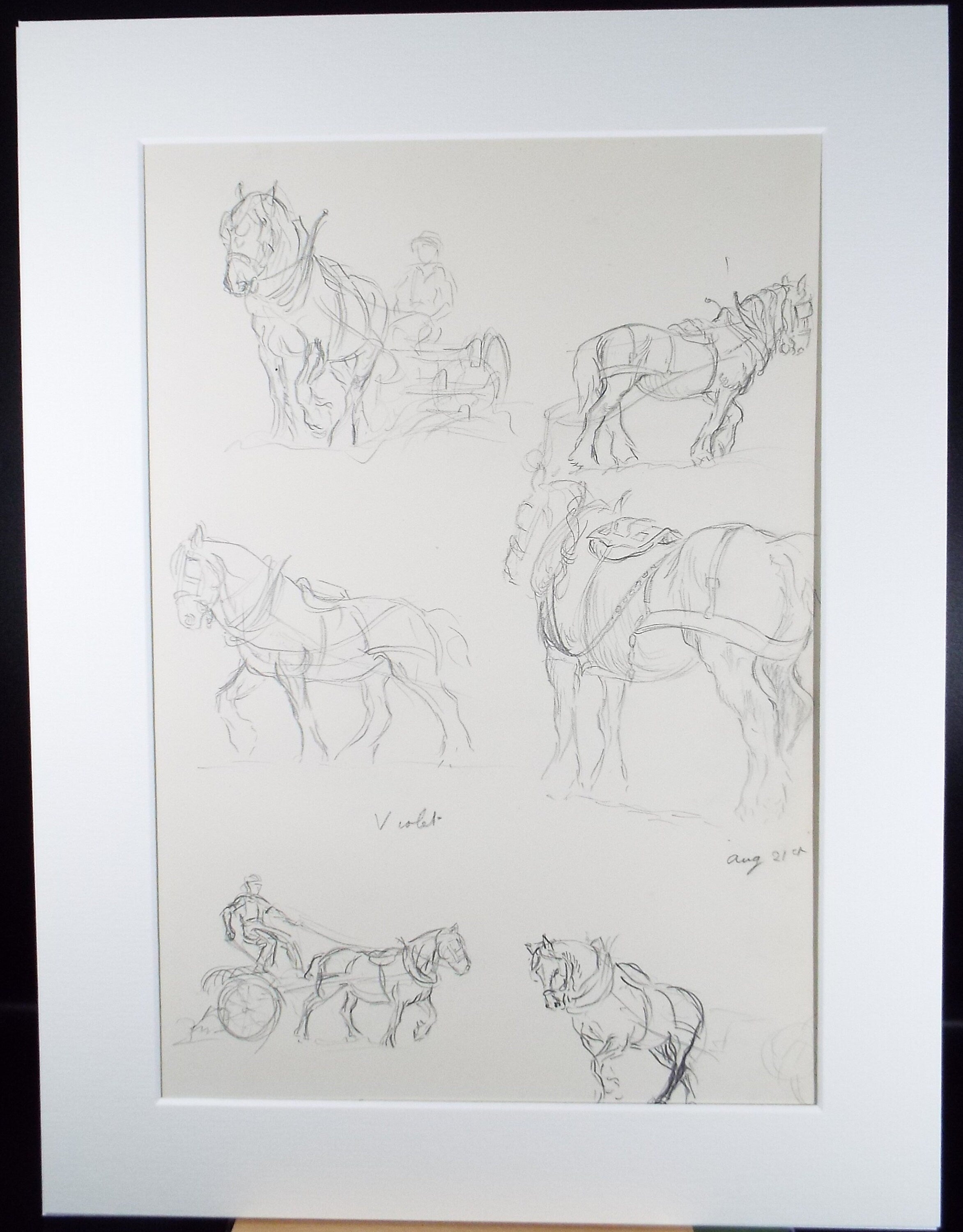 Original Pencil Sketch,'Study of Heavy Horses', Helen Collins (1921-1990), circa 1938/9