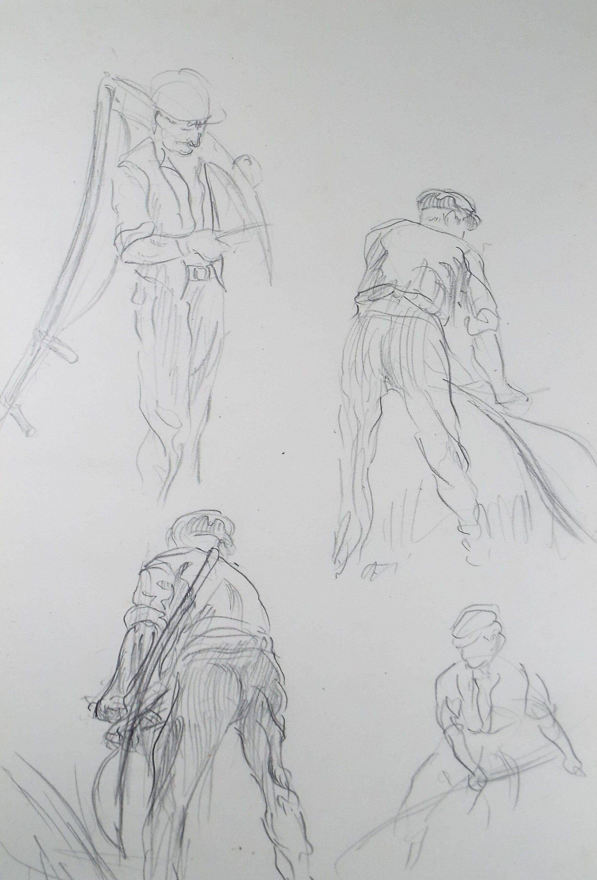 Original Pencil Sketch,'Study of Farm Workers', Helen Collins (1921-1990), circa 1938/9