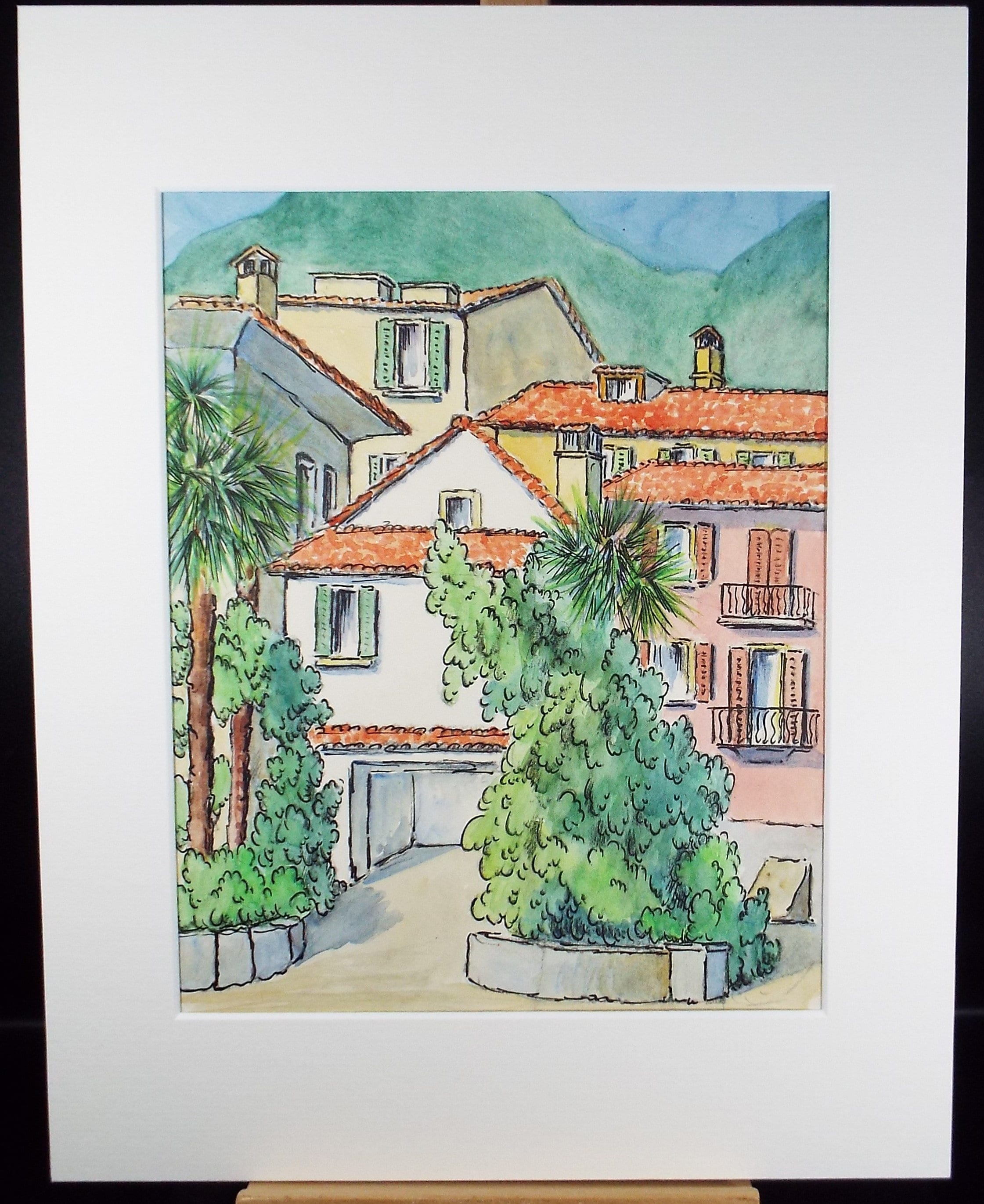 Original Watercolour & ink, 'Locarno, Switzerland', Cicely Glyn de Beers (1891-1973), Dated 1971
