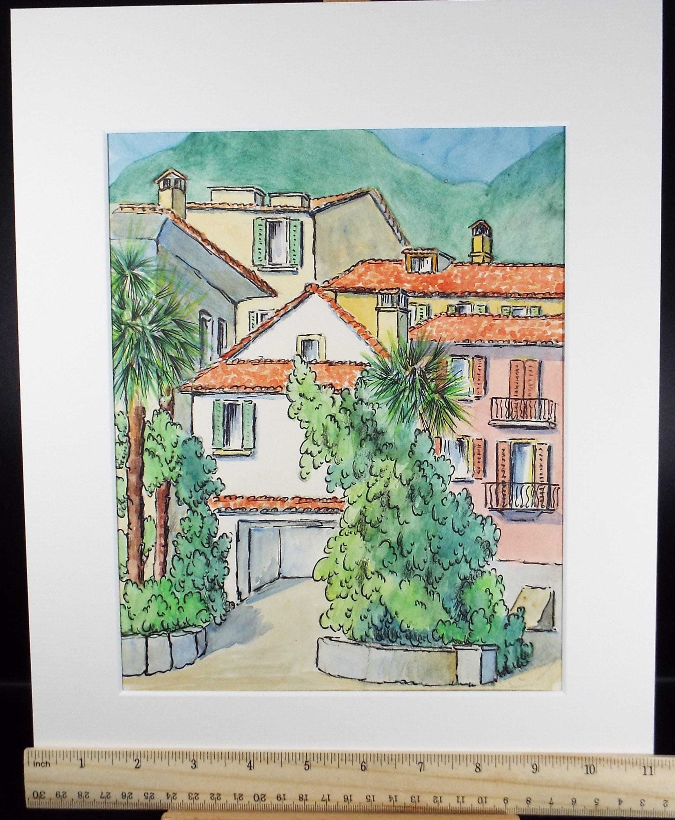 Original Watercolour & ink, 'Locarno, Switzerland', Cicely Glyn de Beers (1891-1973), Dated 1971