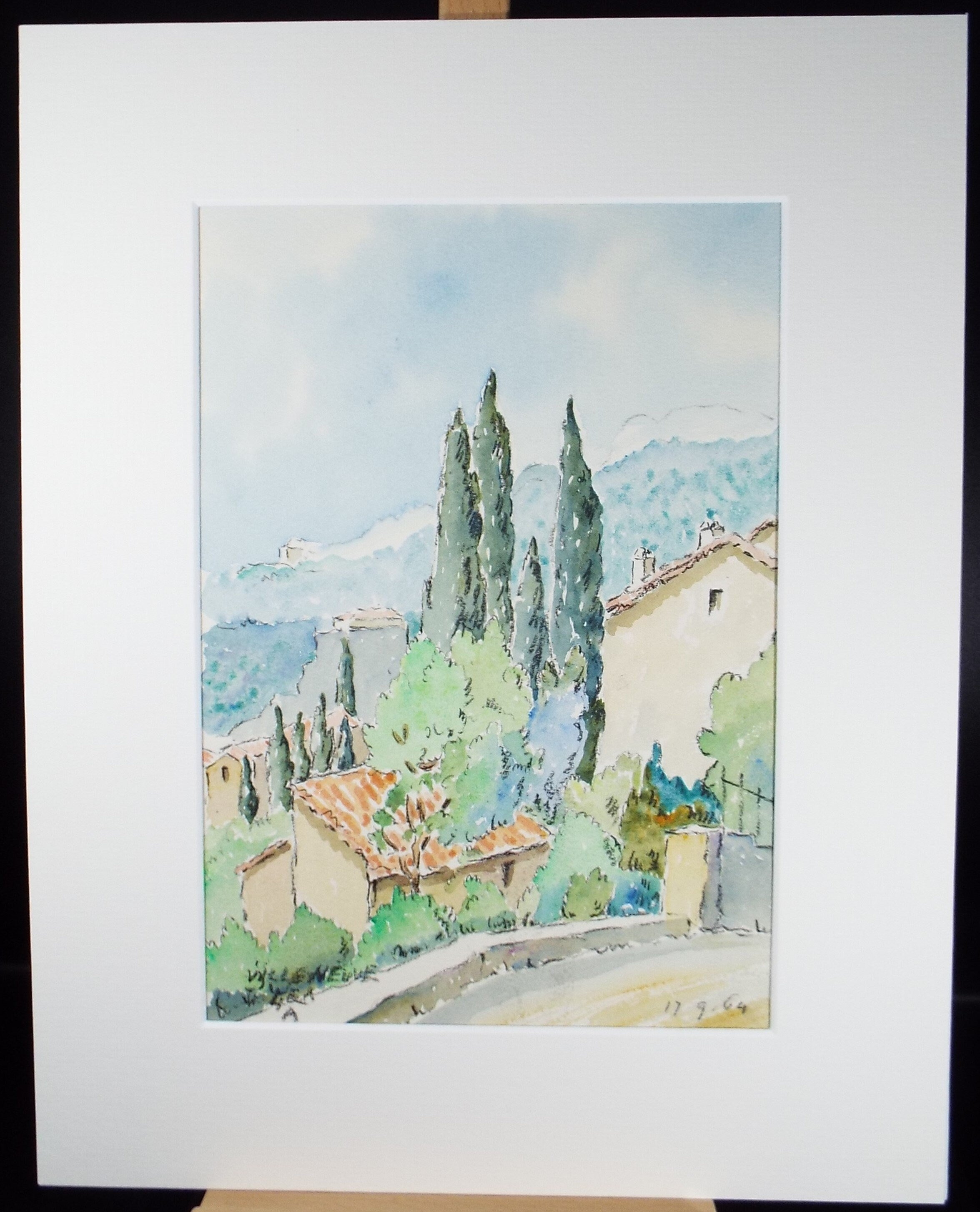 Original Watercolour & ink, 'Villeneuve', Cicely Glyn de Beers (1891-1973), Dated 1964