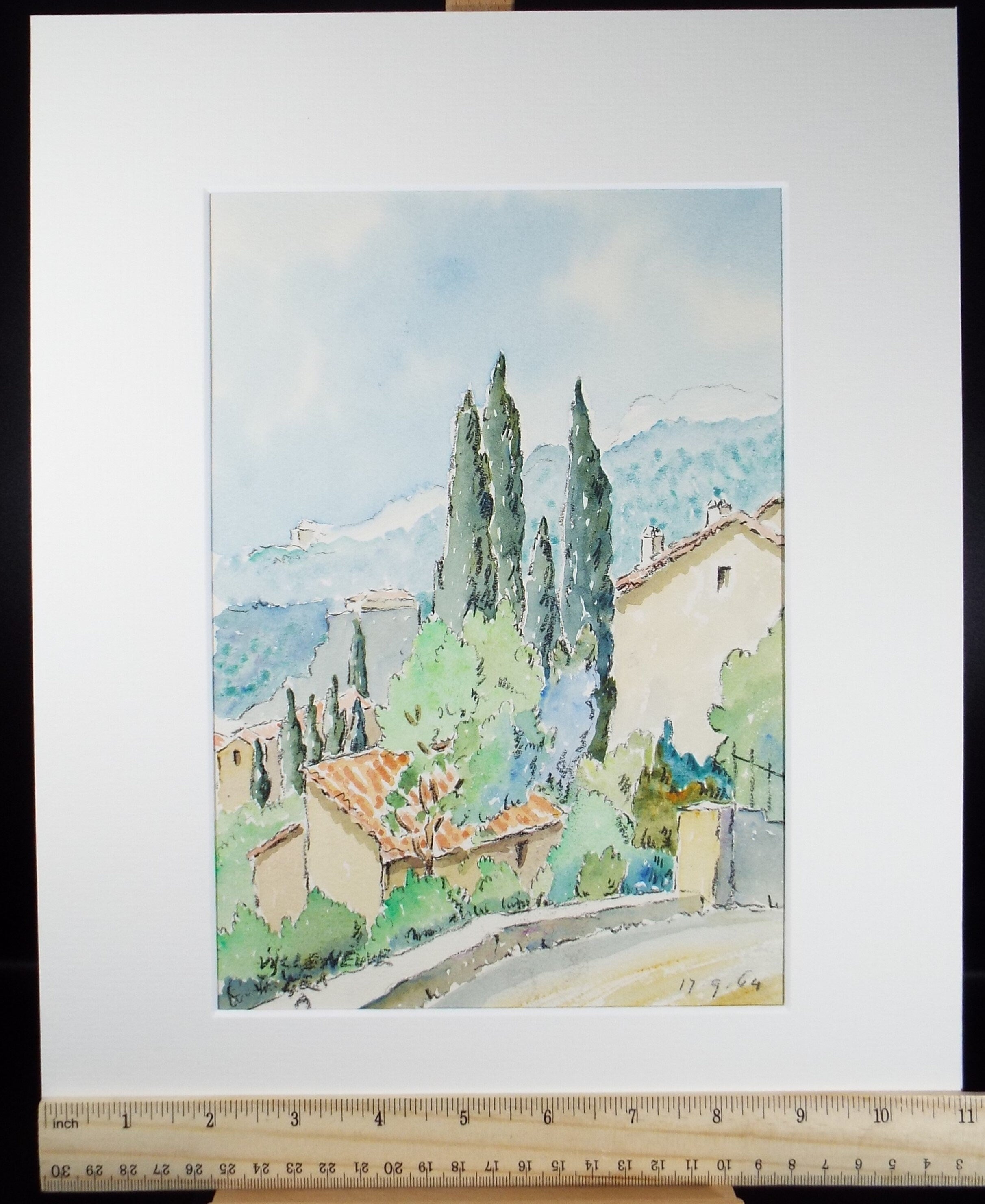 Original Watercolour & ink, 'Villeneuve', Cicely Glyn de Beers (1891-1973), Dated 1964