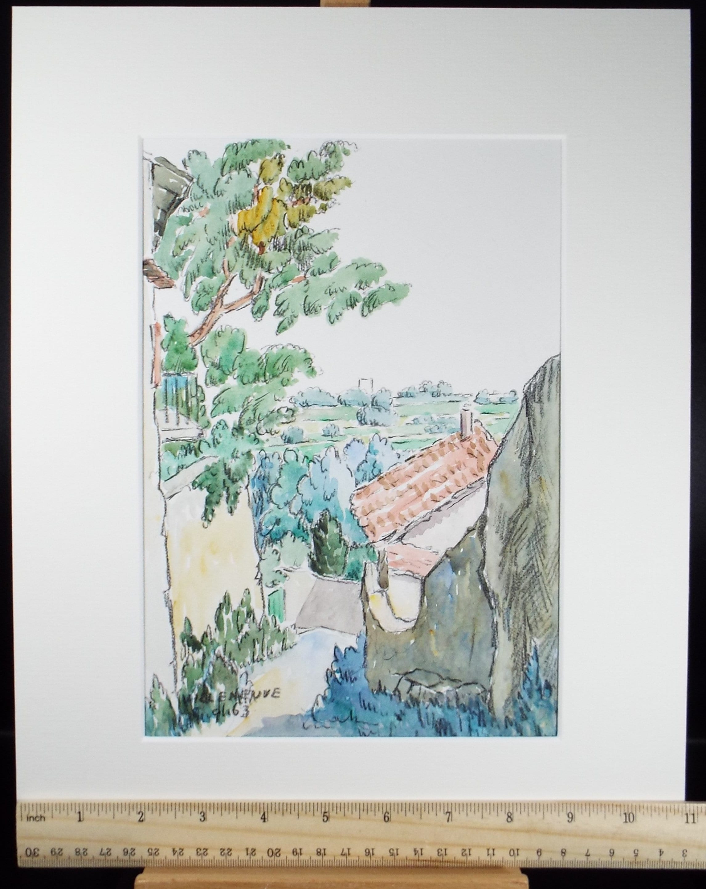 Original Watercolour & ink, 'Villeneuve', Cicely Glyn de Beers (1891-1973), Dated 1964