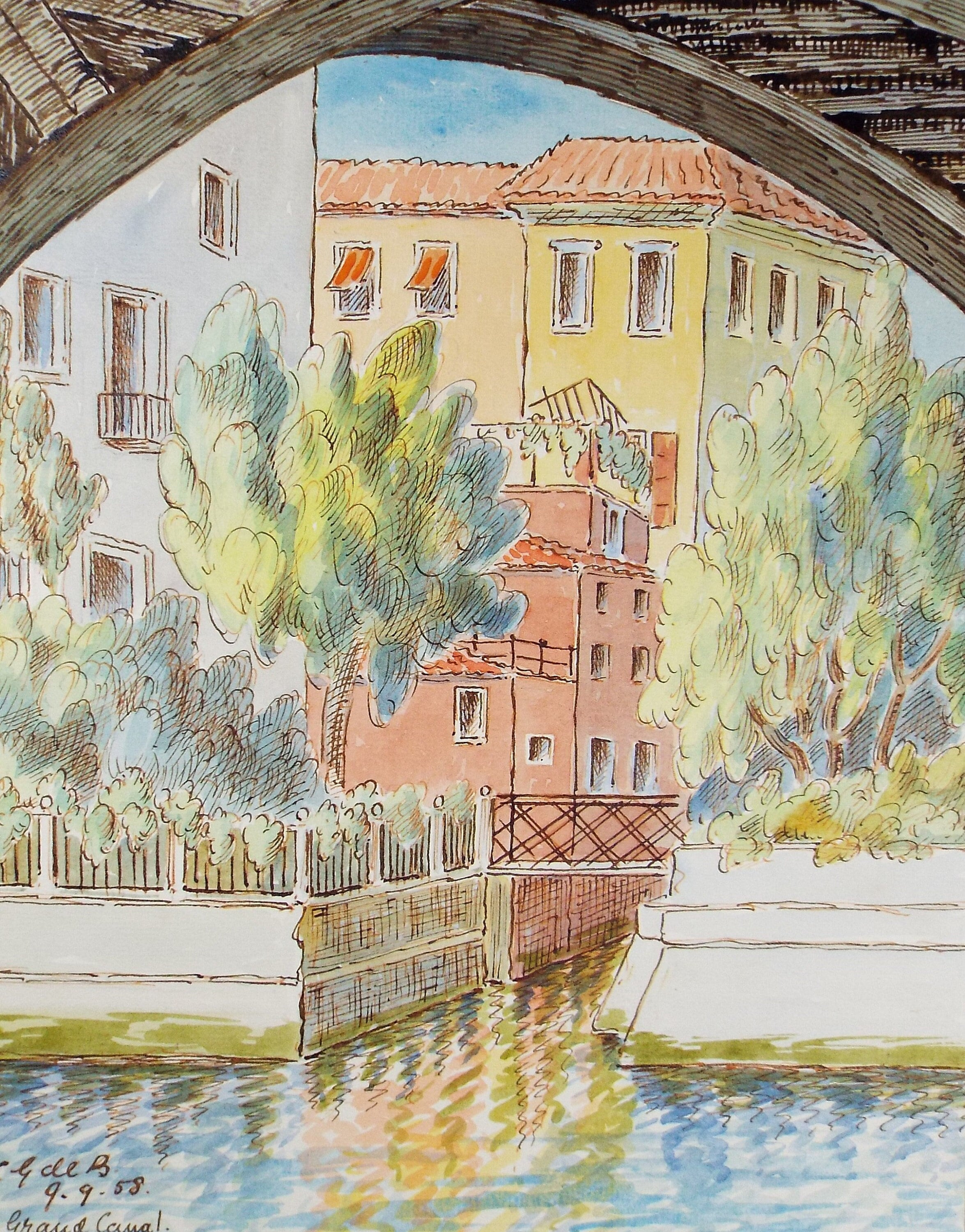 Original Watercolour & ink, 'Grand Canal, Venice', Cicely Glyn de Beers (1891-1973), Dated 1958