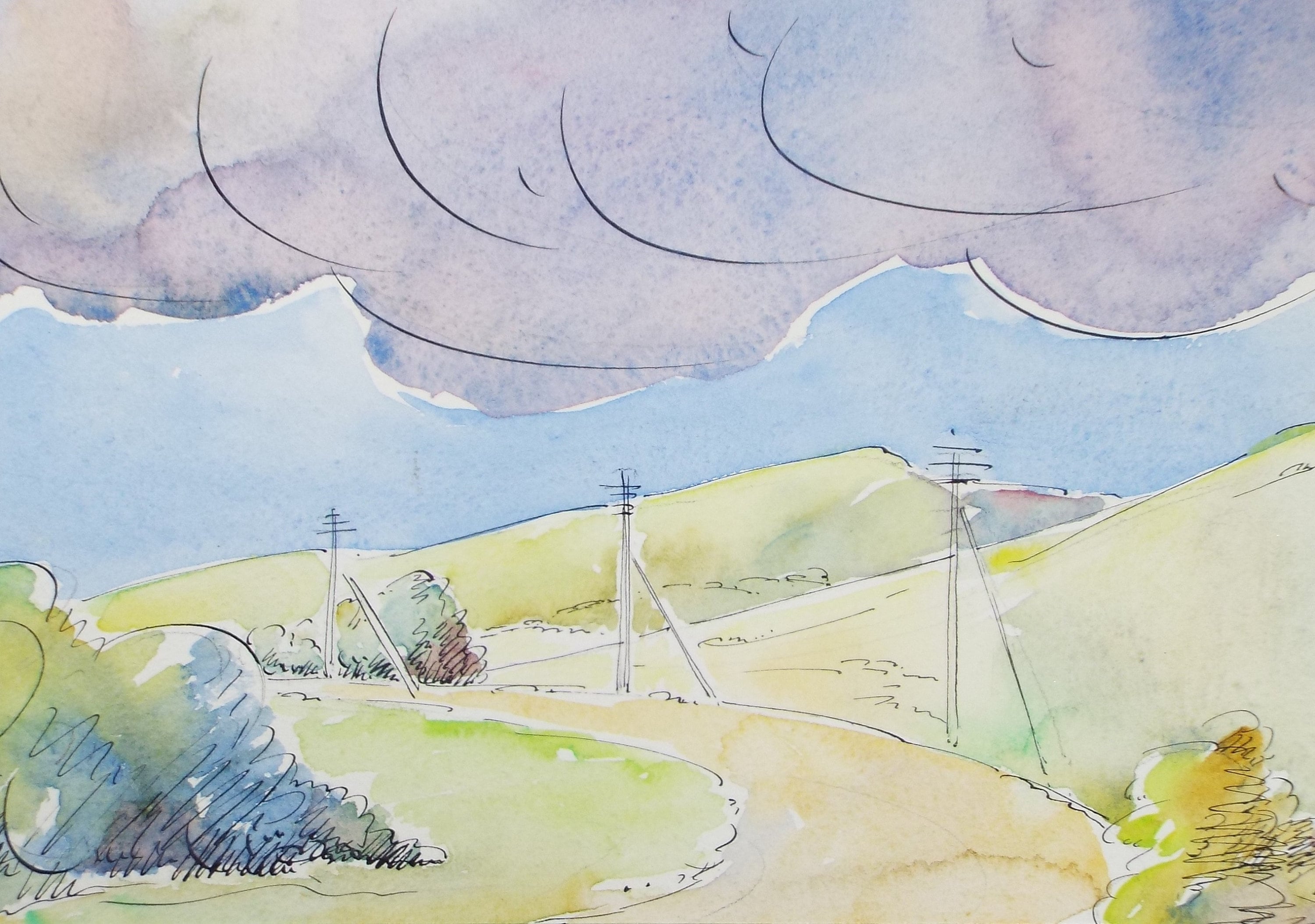 Original Watercolour & ink, 'A Lane under a cloudy sky', Cicely Glyn de Beers (1891-1973), Circa 1960's