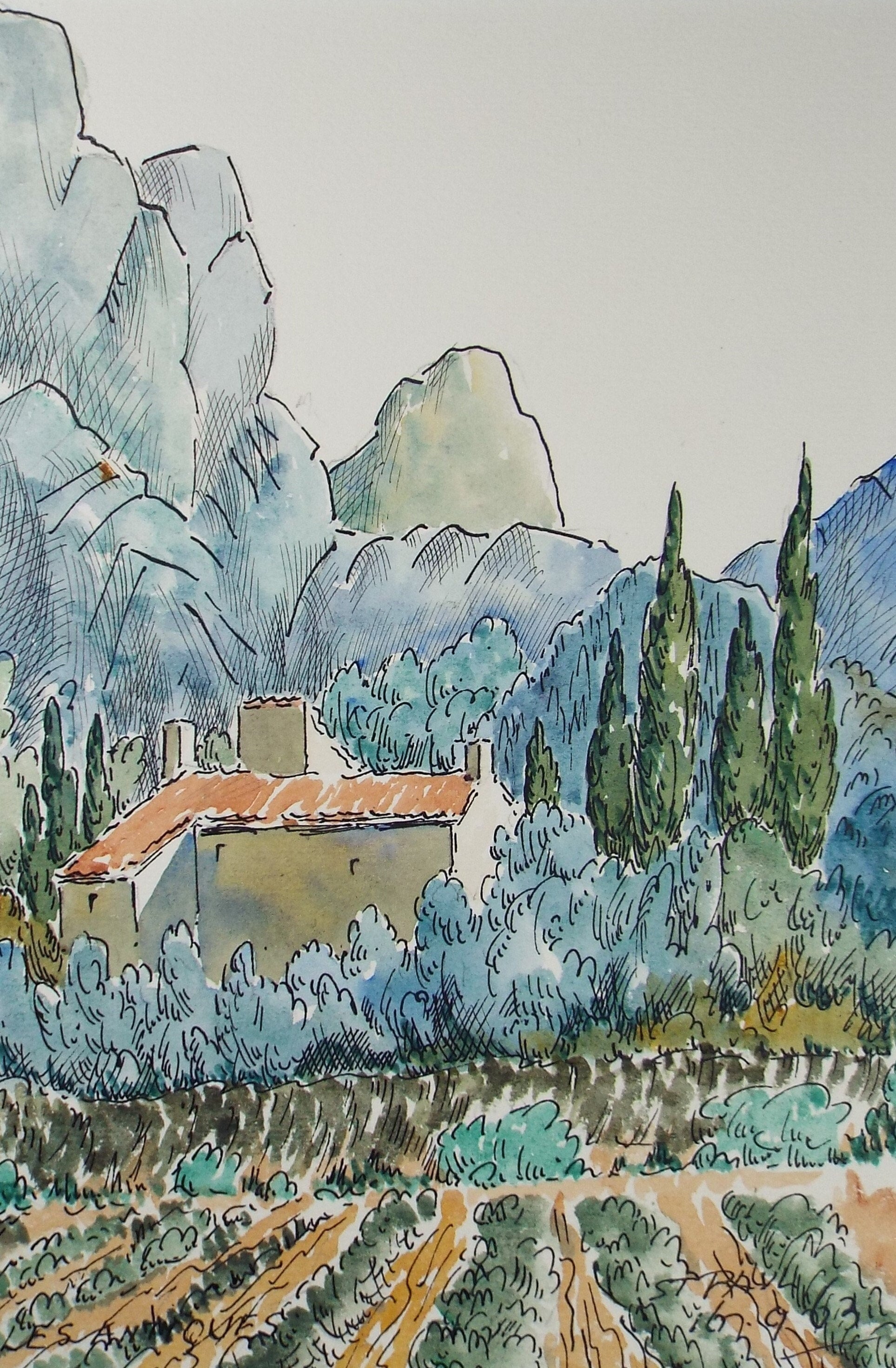 Original Watercolour & ink, 'Cabbage Field', Cicely Glyn de Beers (1891-1973), Circa 1950's