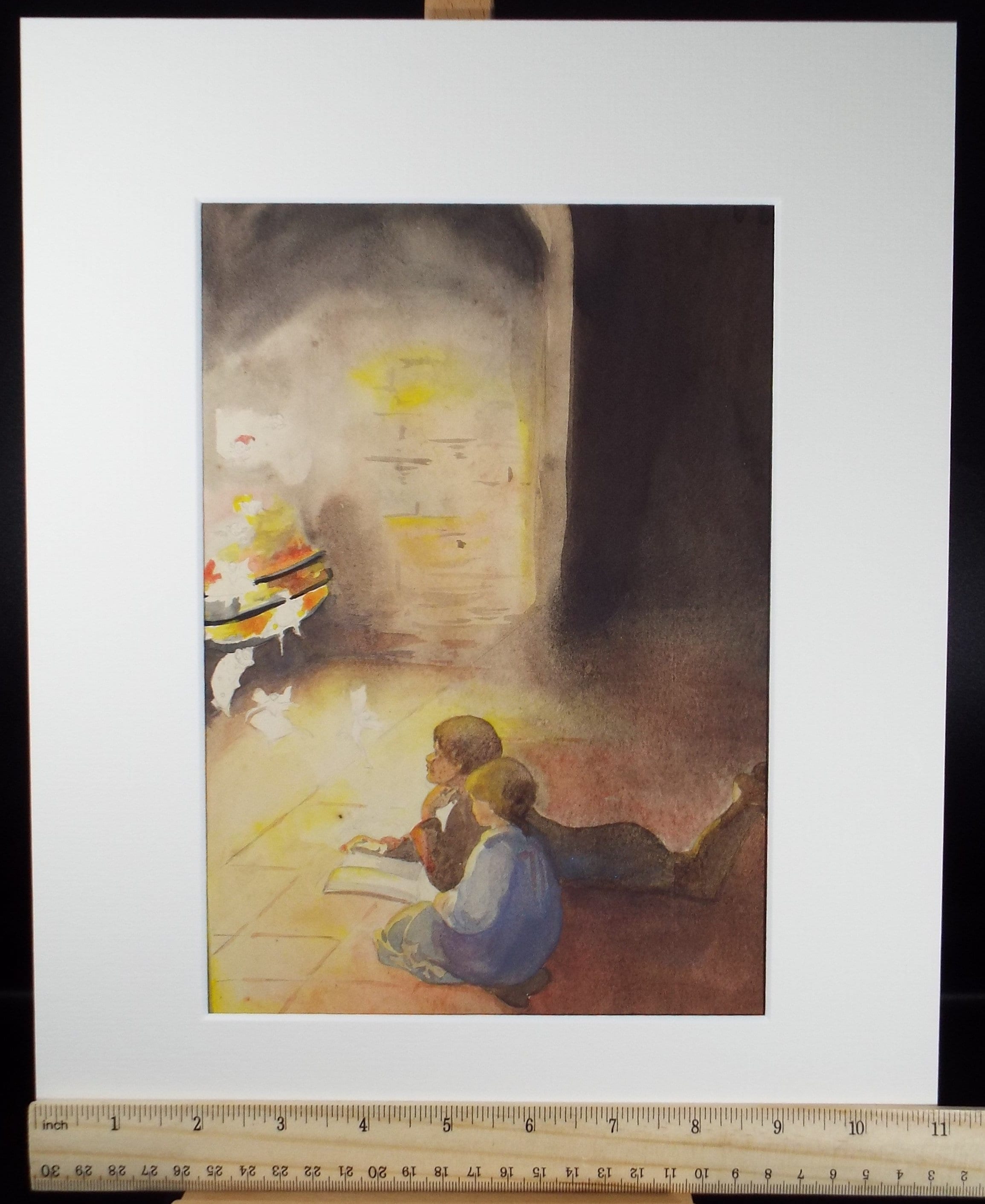 Original Watercolour on Paper, 'Children at the Fireside ', Lucie Cole-Hamilton (20th Century, British), circa 1915