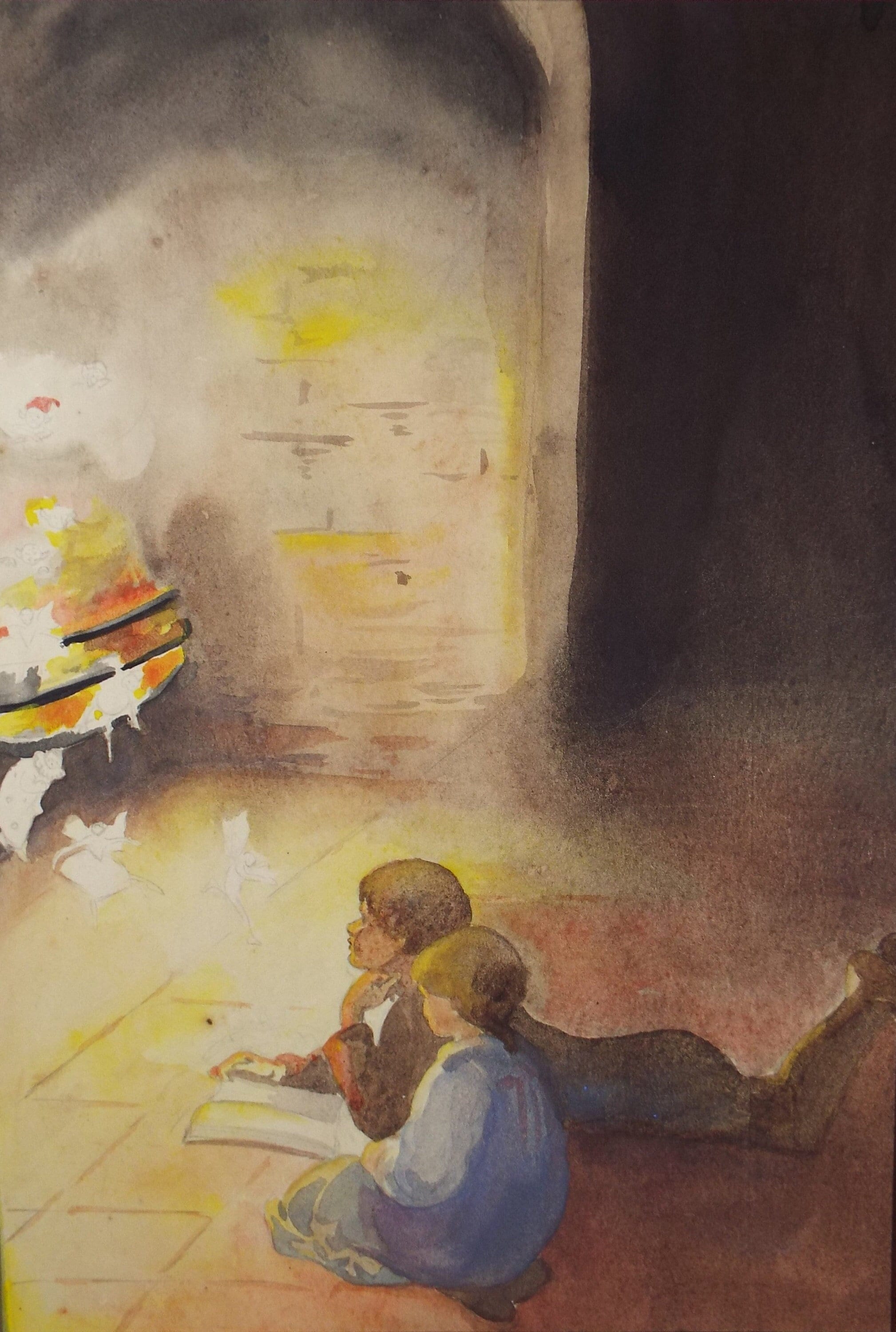 Original Watercolour on Paper, 'Children at the Fireside ', Lucie Cole-Hamilton (20th Century, British), circa 1915