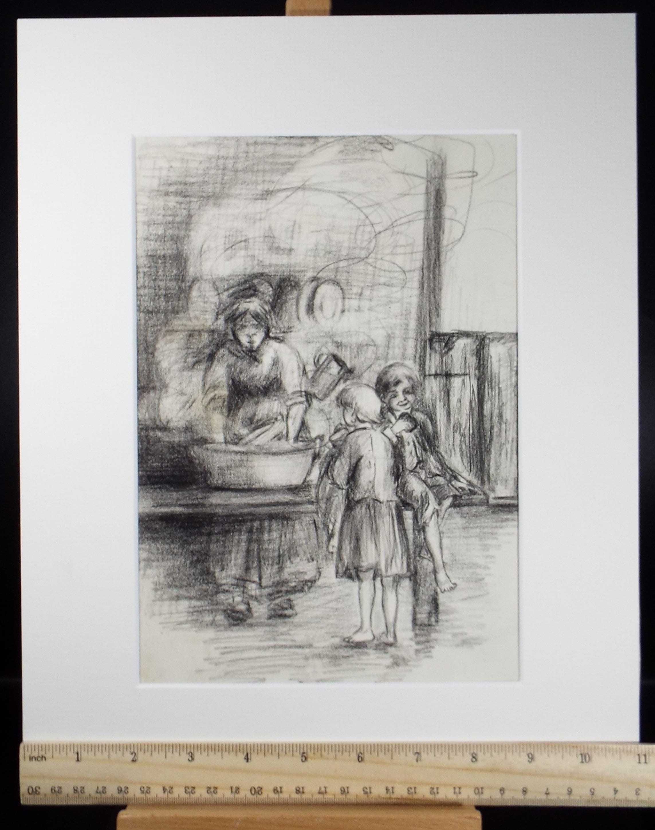 Original Pencil & Conte on Paper, 'Washing the Dishes', Lucie Cole-Hamilton (20th Century, British), circa 1915