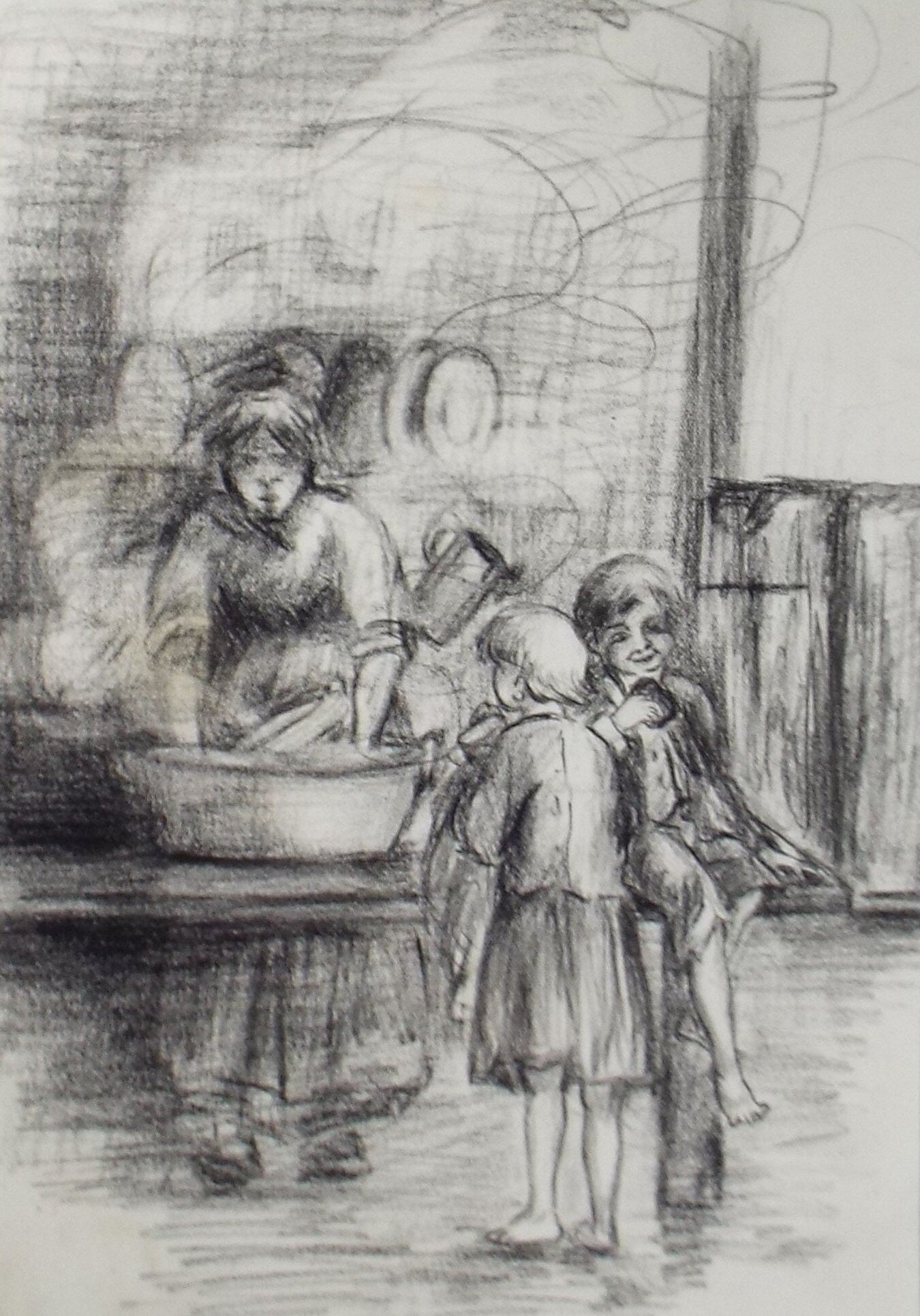 Original Pencil & Conte on Paper, 'Washing the Dishes', Lucie Cole-Hamilton (20th Century, British), circa 1915