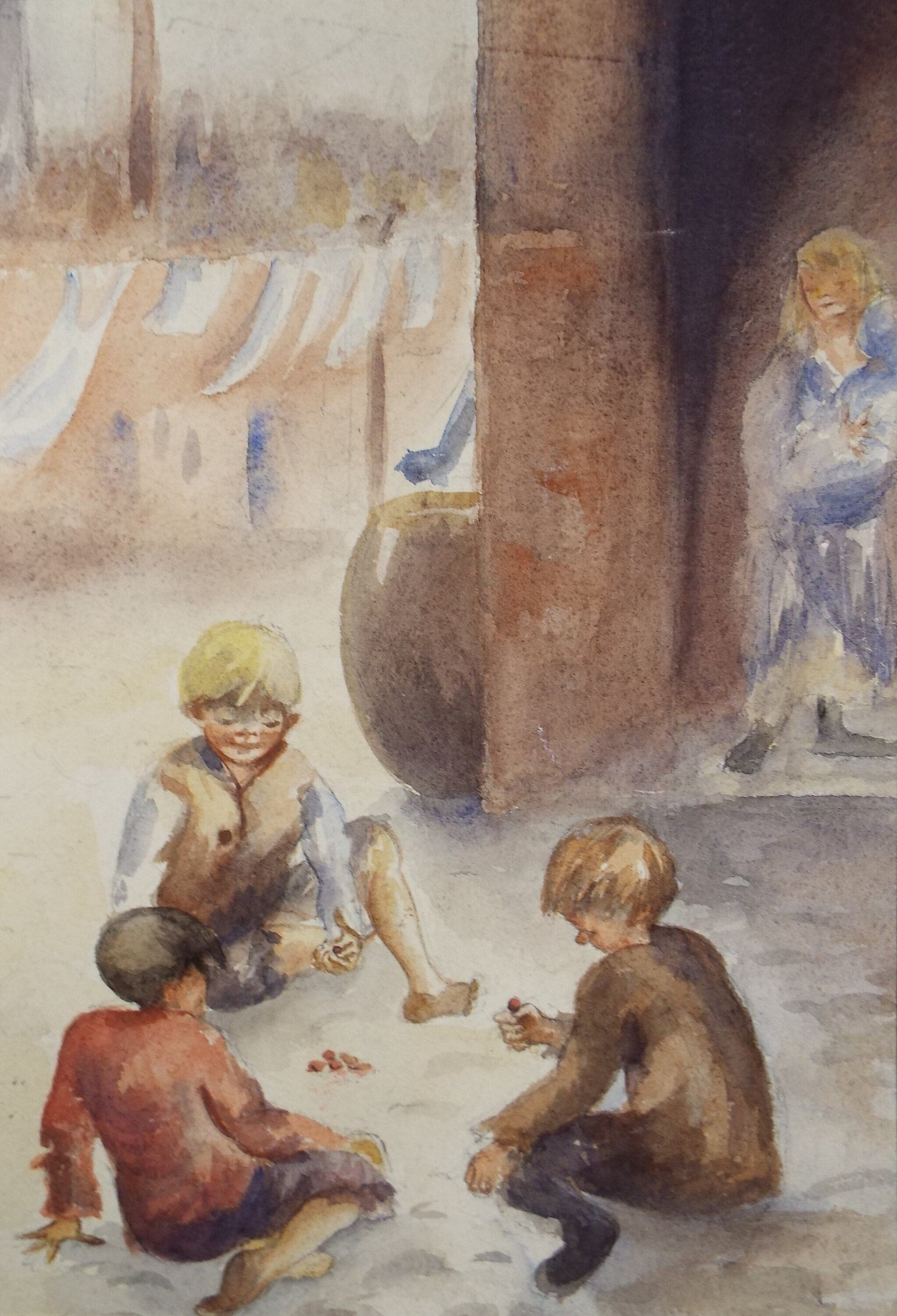 Original Watercolour on Paper, 'Boys Playing Marbles', Lucie Cole-Hamilton (20th Century, British), circa 1915