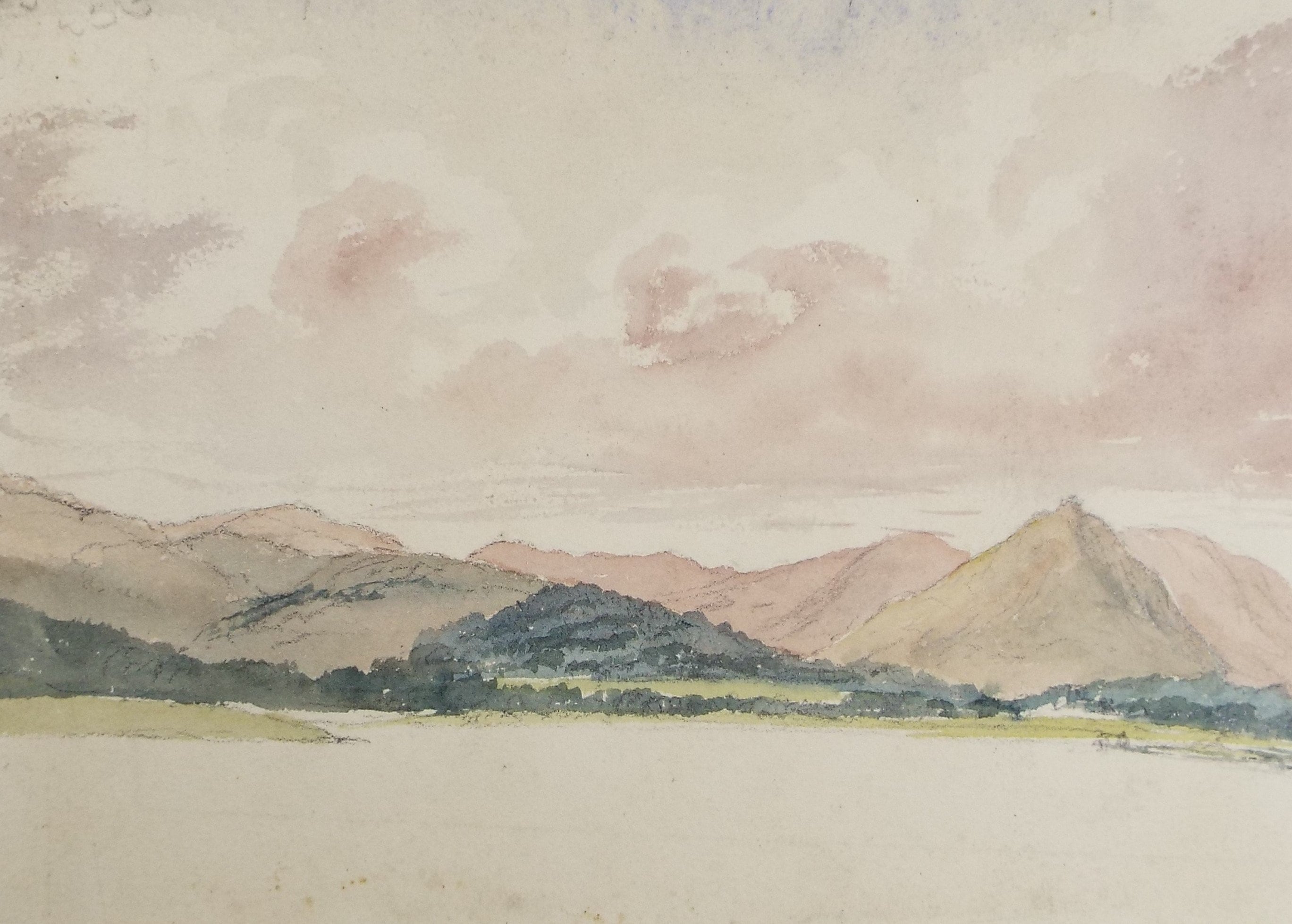Original Watercolour Sketch, 'Loch with Distant Hills', c1920, Unknown Artist