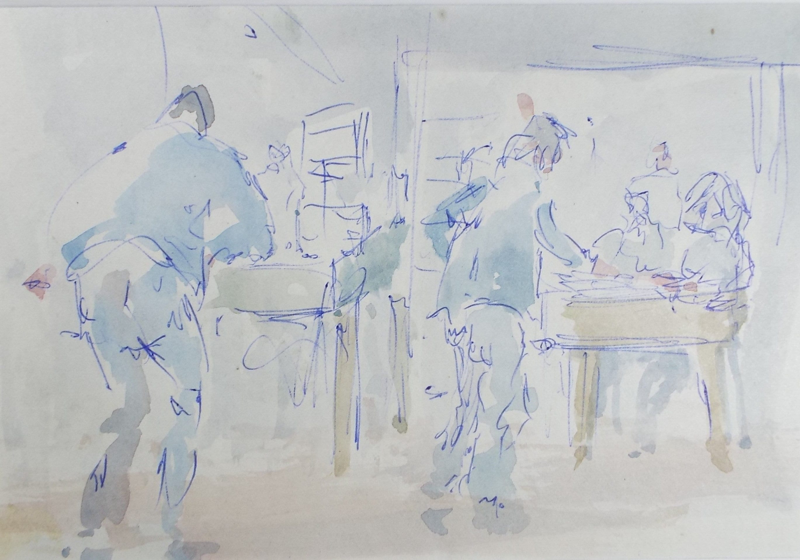Original Watercolour & ink drawing, 'Hospital Figures', Hugh McKenzie (1909-2005), Mid 20th Century