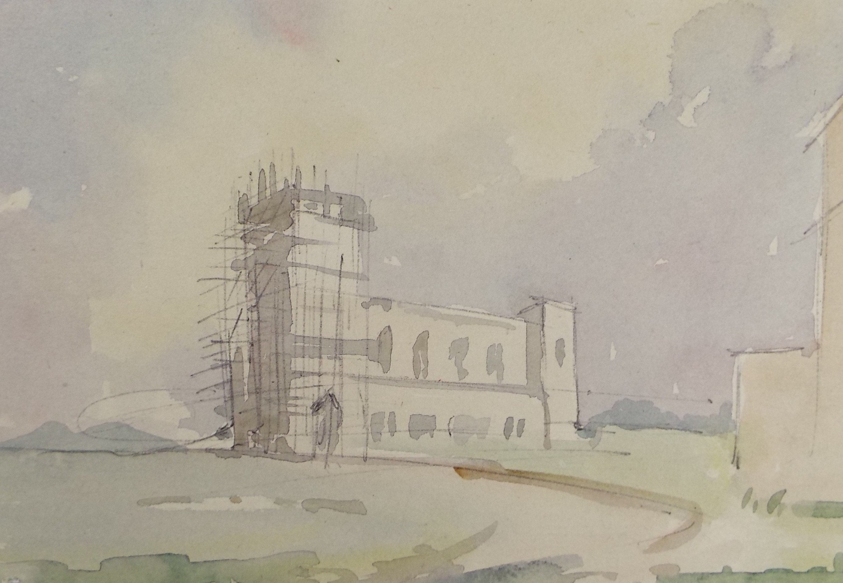 Original Watercolour & ink drawing, 'Church undergoing repair', Hugh McKenzie (1909-2005), Mid 20th Century