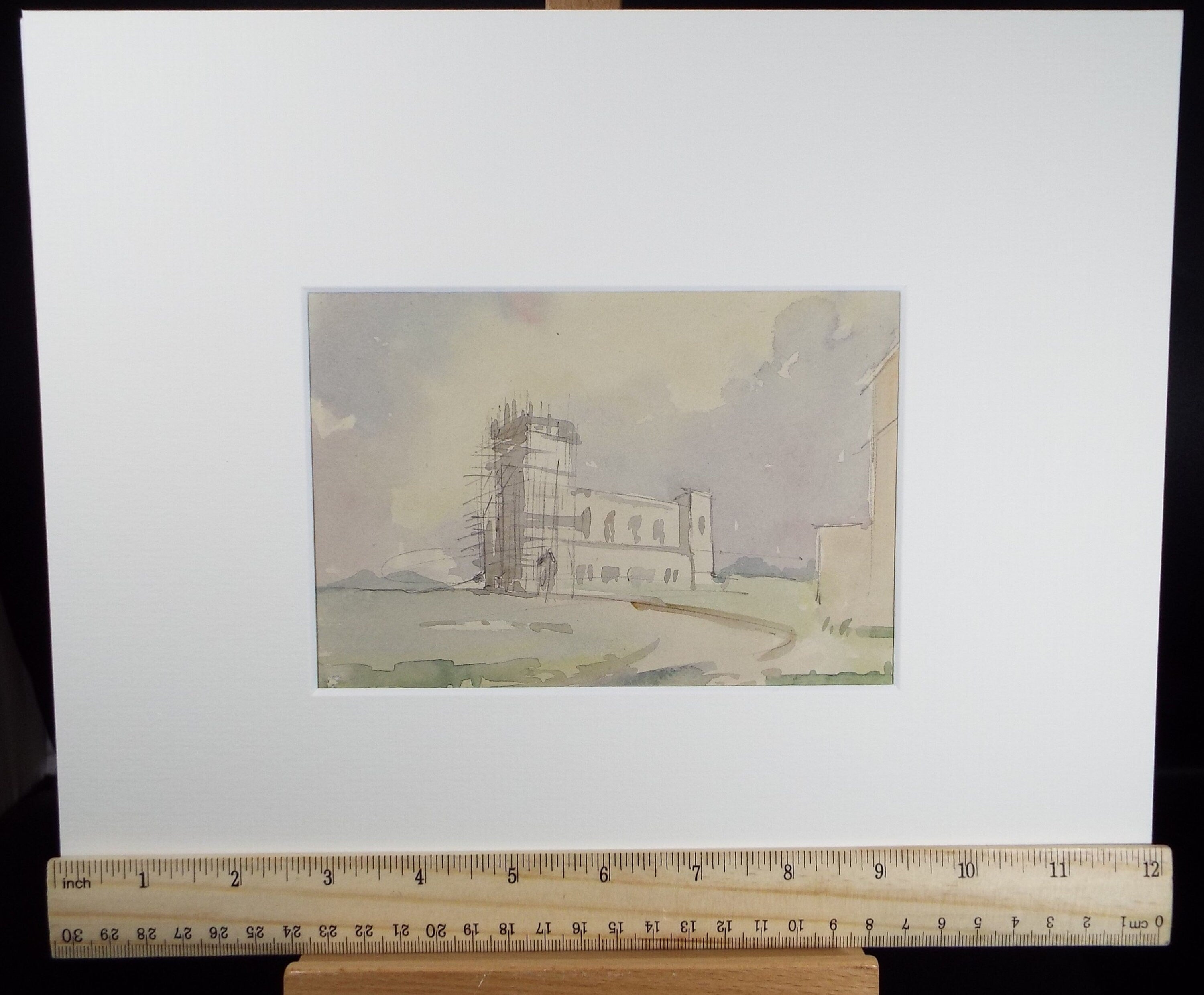 Original Watercolour & ink drawing, 'Church undergoing repair', Hugh McKenzie (1909-2005), Mid 20th Century