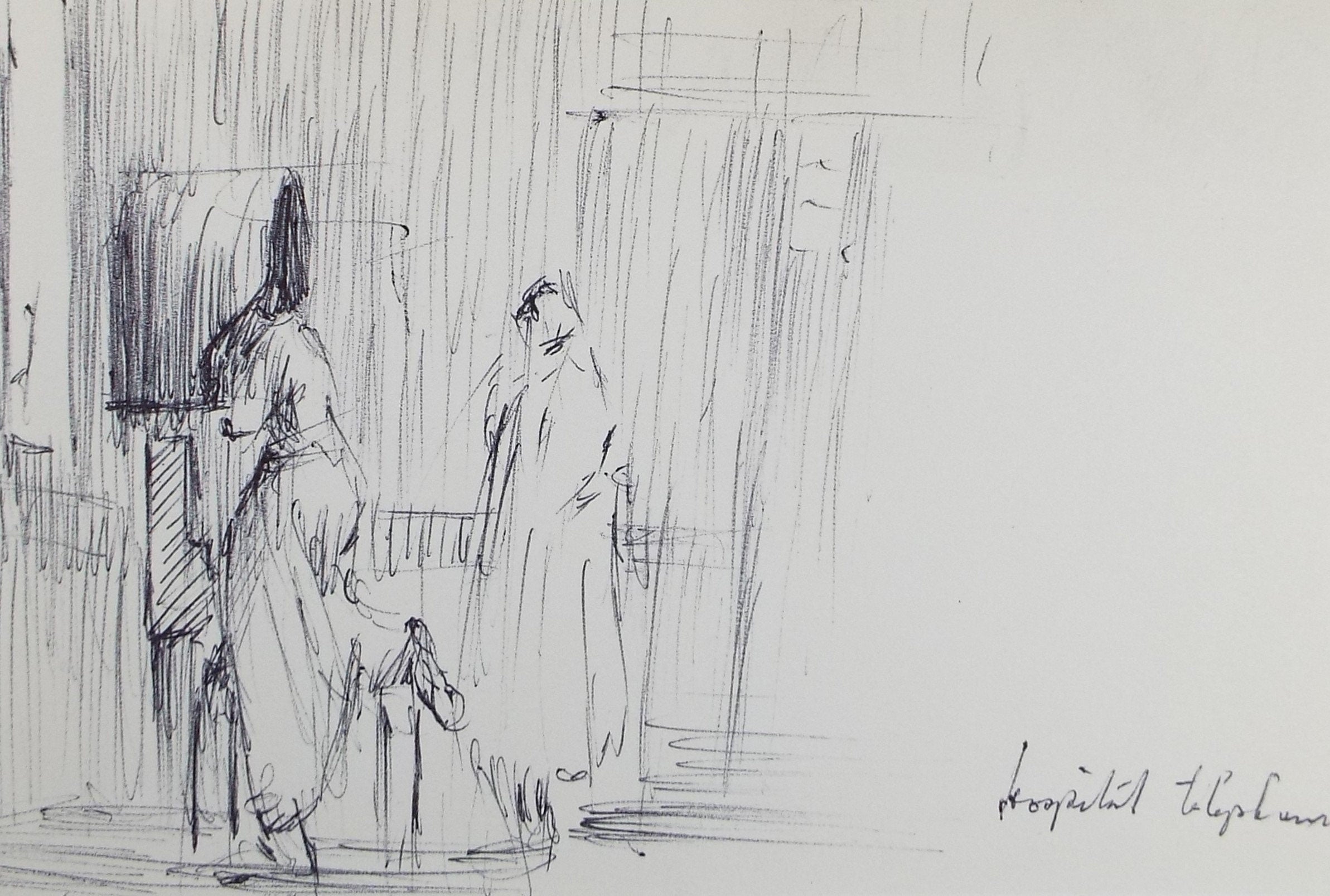 Original Pen & Ink drawing, 'Hospital Telephone', Hugh McKenzie (1909-2005), Mid 20th Century