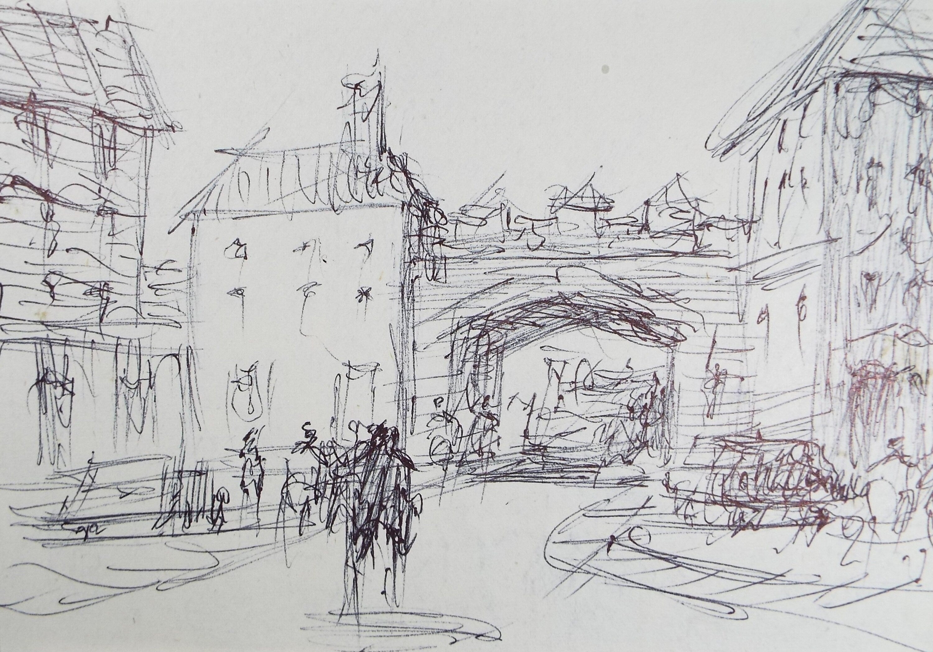 Original Pen & Ink drawing, 'Street with Figures', Hugh McKenzie (1909-2005), Mid 20th Century