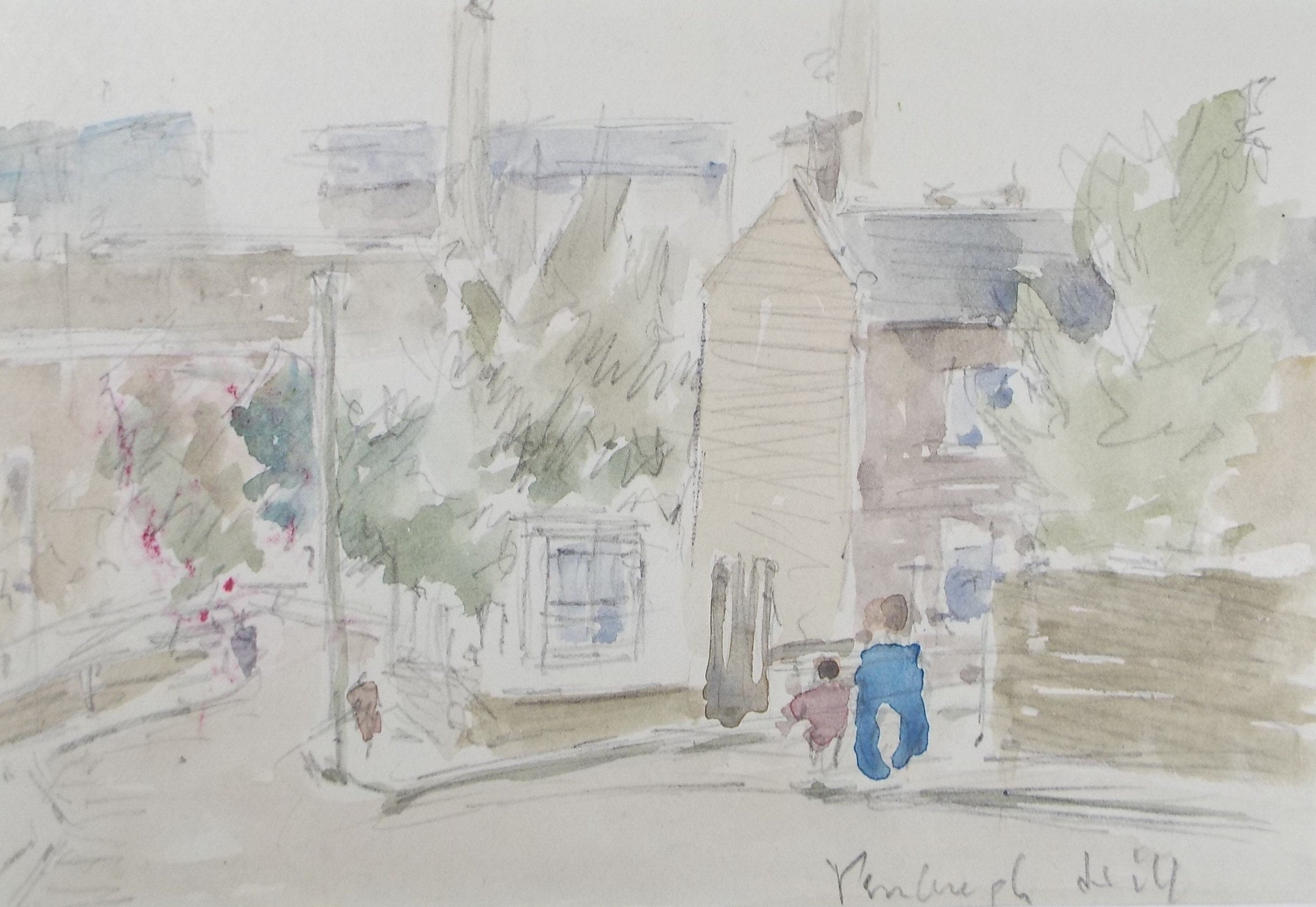Original Watercolour drawing, 'Street with Figures', Hugh McKenzie (1909-2005), Mid 20th Century