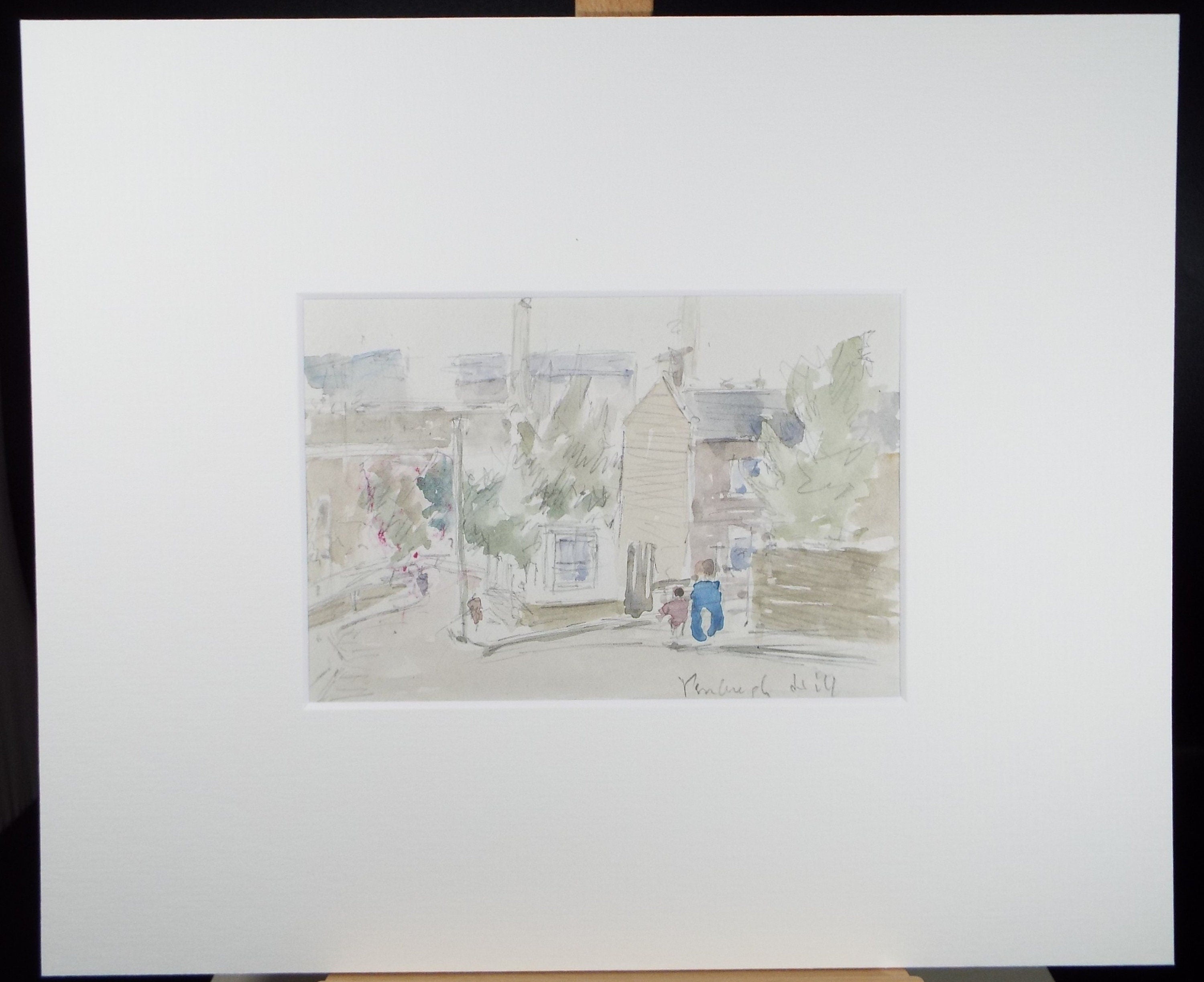 Original Watercolour drawing, 'Street with Figures', Hugh McKenzie (1909-2005), Mid 20th Century