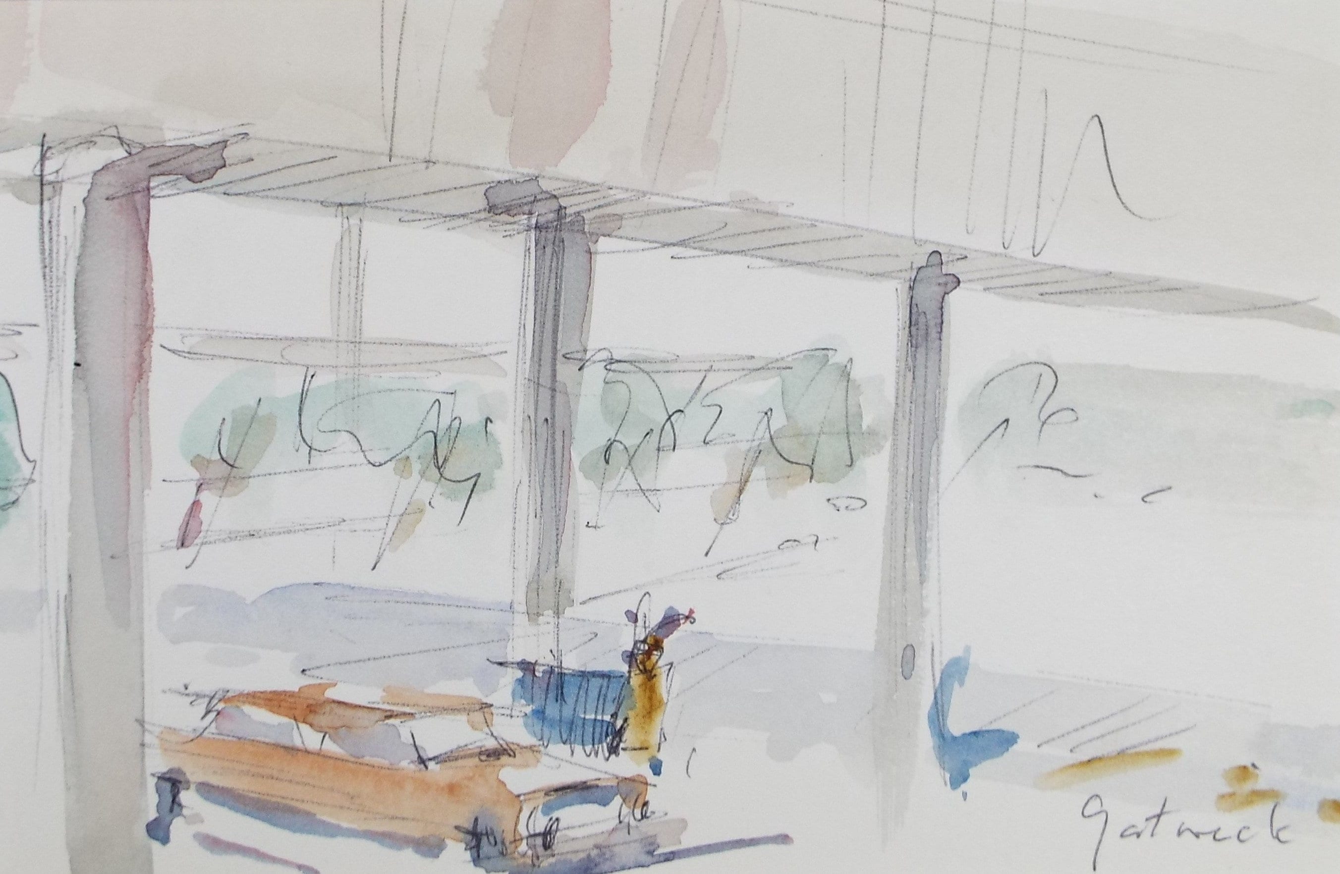 Original Watercolour drawing, 'Gatwick airport', Hugh McKenzie (1909-2005), Mid 20th Century