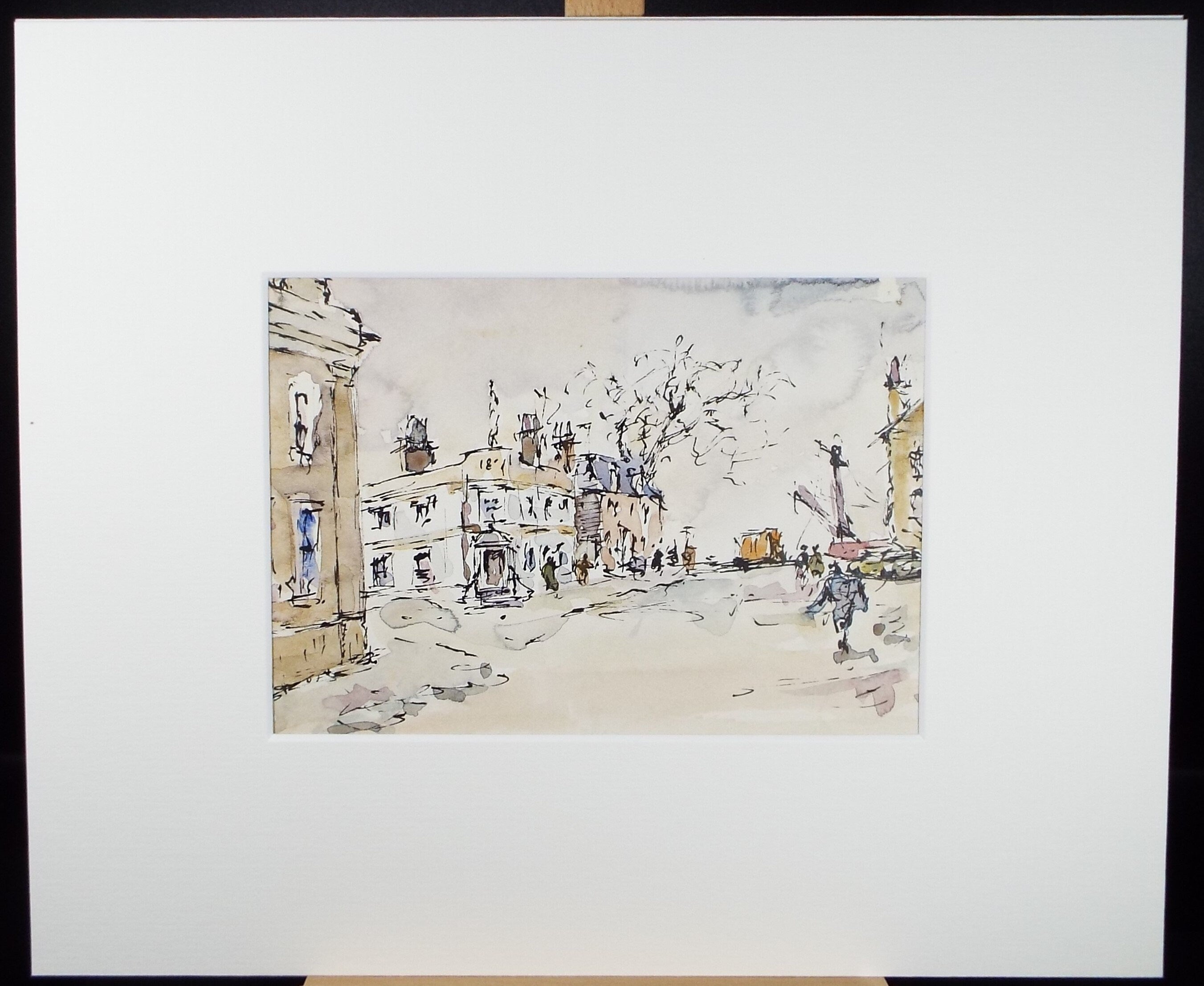 Original Watercolour drawing, 'Streetscape with Figures', Hugh McKenzie (1909-2005), Mid 20th Century