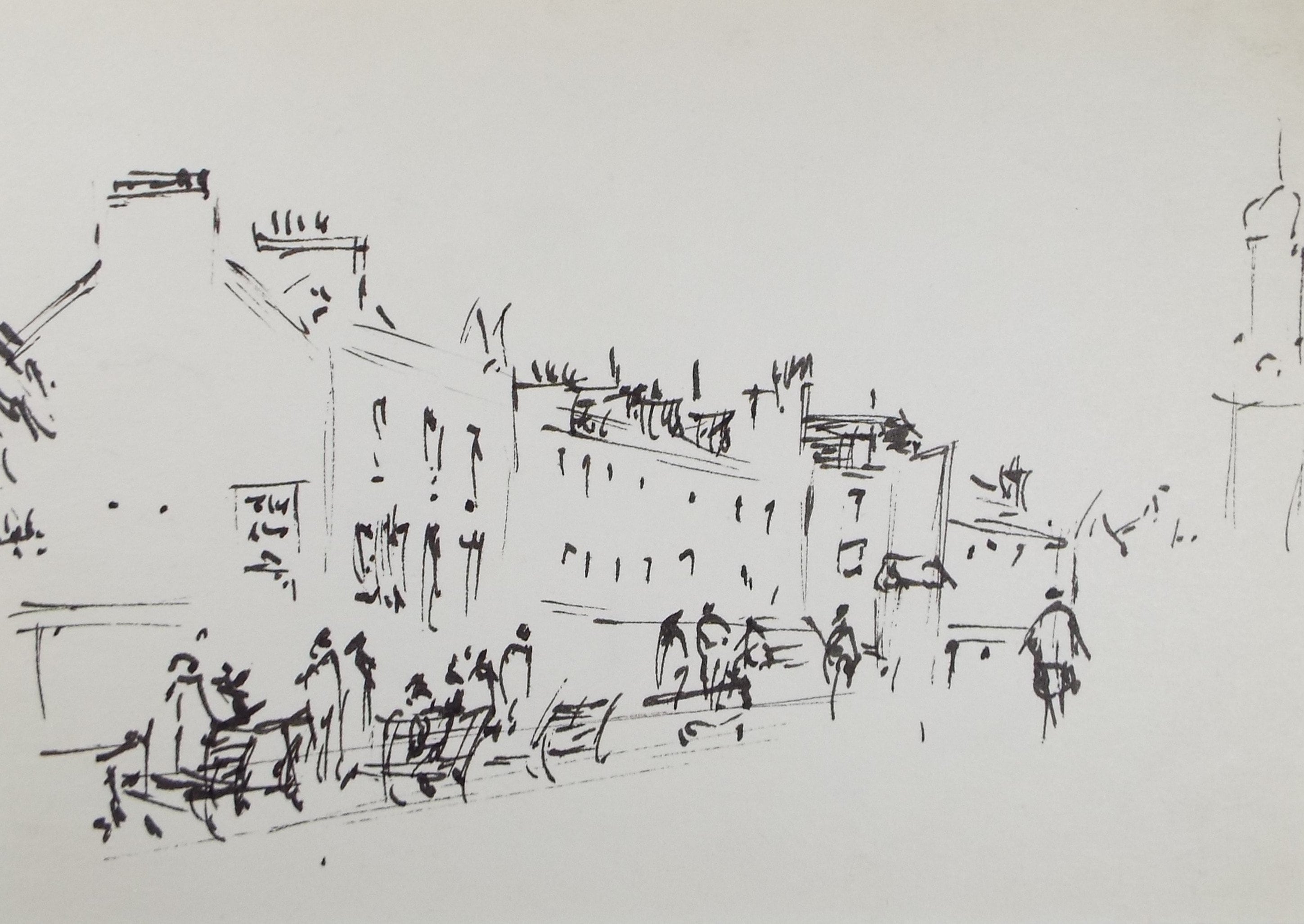 Original Pen & ink drawing, 'Streetscape with Figures', Hugh McKenzie (1909-2005), Mid 20th Century