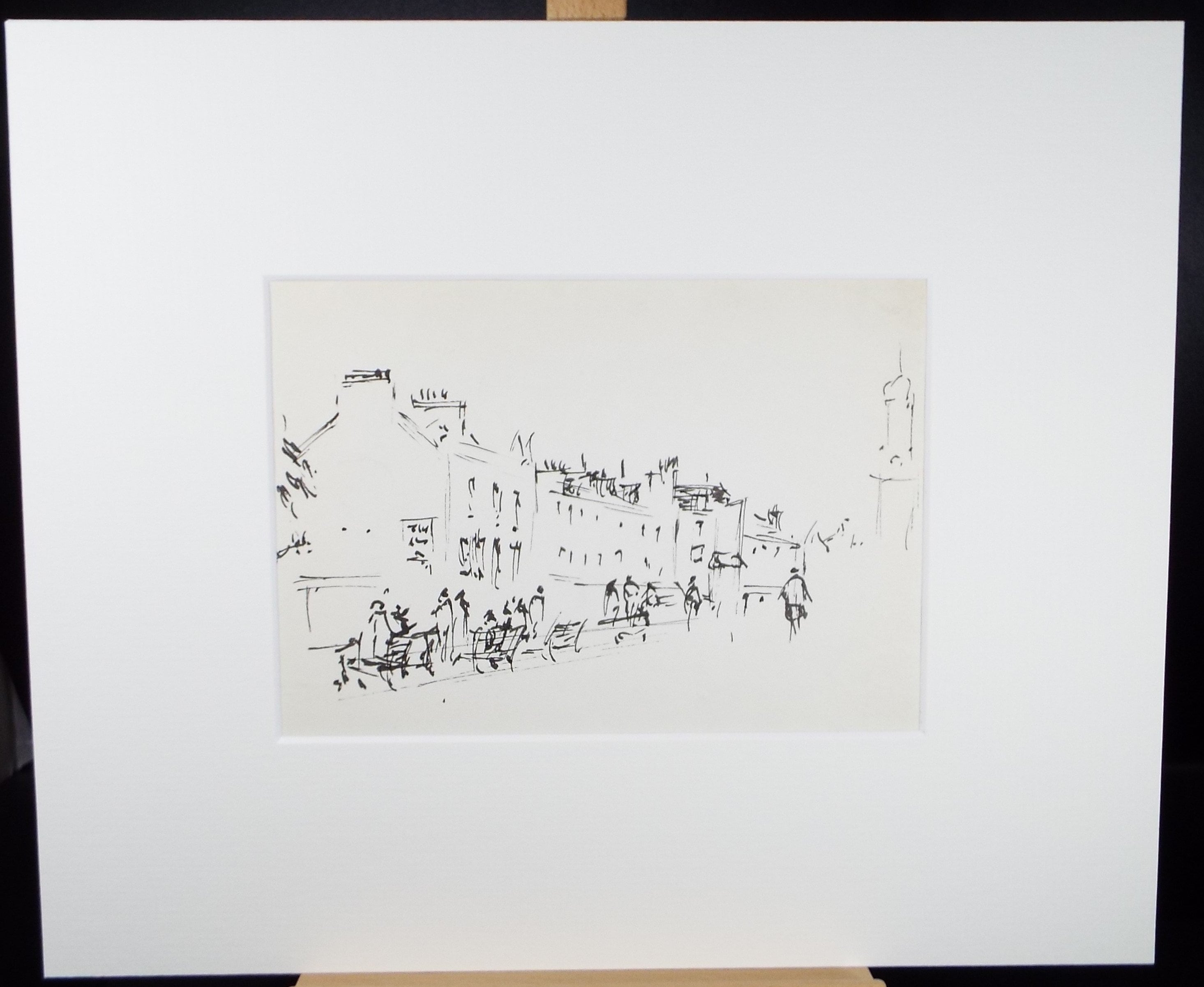Original Pen & ink drawing, 'Streetscape with Figures', Hugh McKenzie (1909-2005), Mid 20th Century