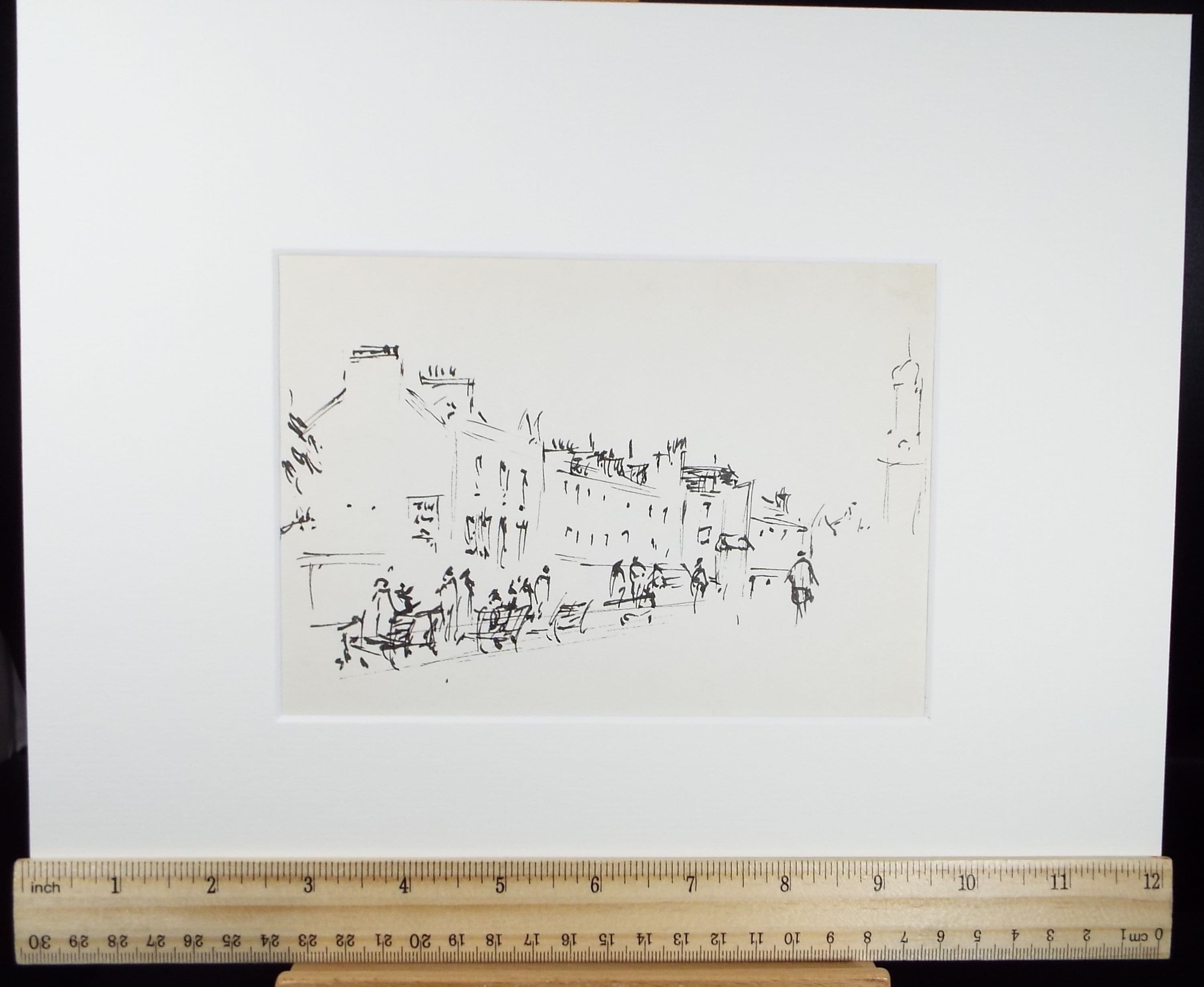Original Pen & ink drawing, 'Streetscape with Figures', Hugh McKenzie (1909-2005), Mid 20th Century