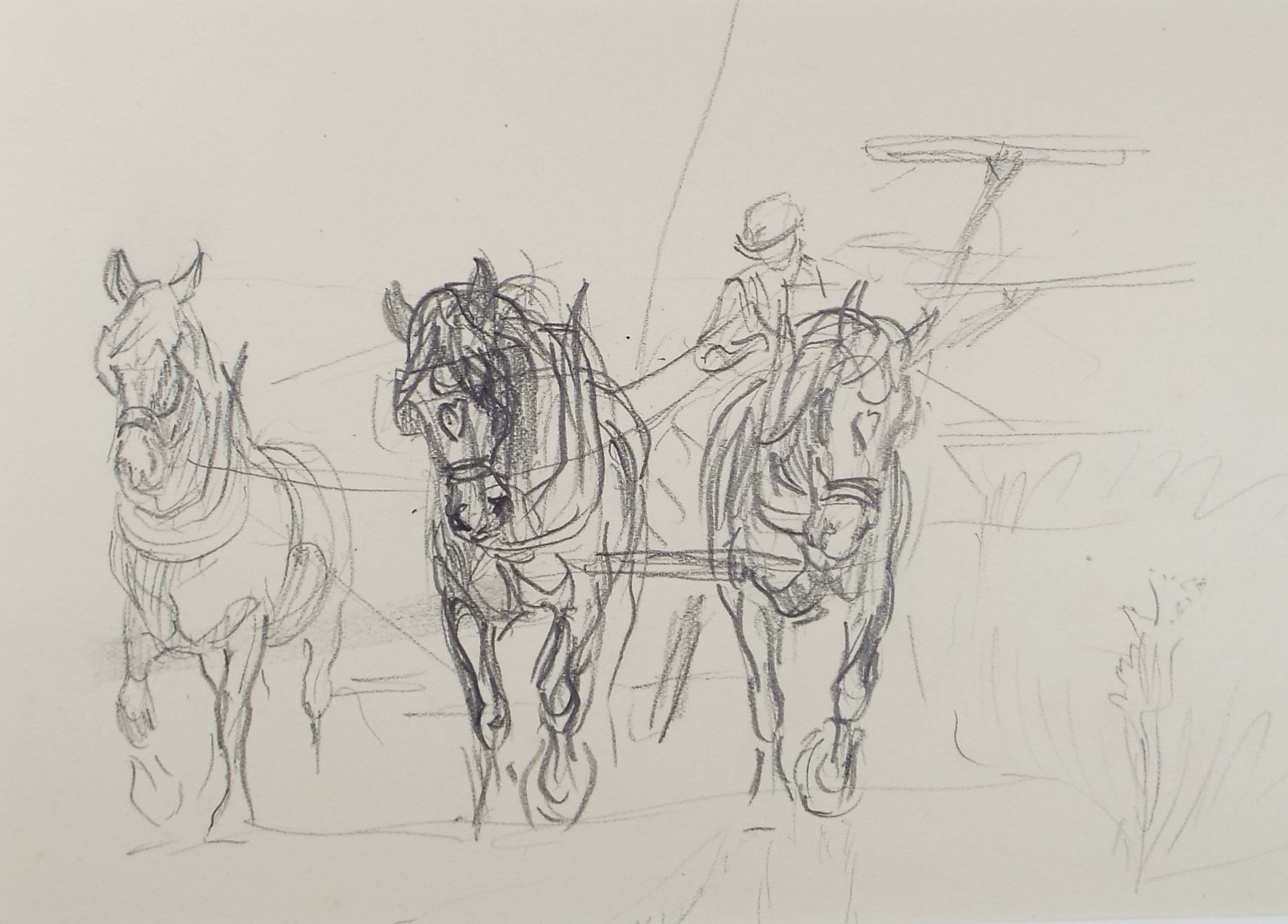 Original Pencil Sketch,'Study of Heavy Horses', Helen Collins (1921-1990), circa 1938/9