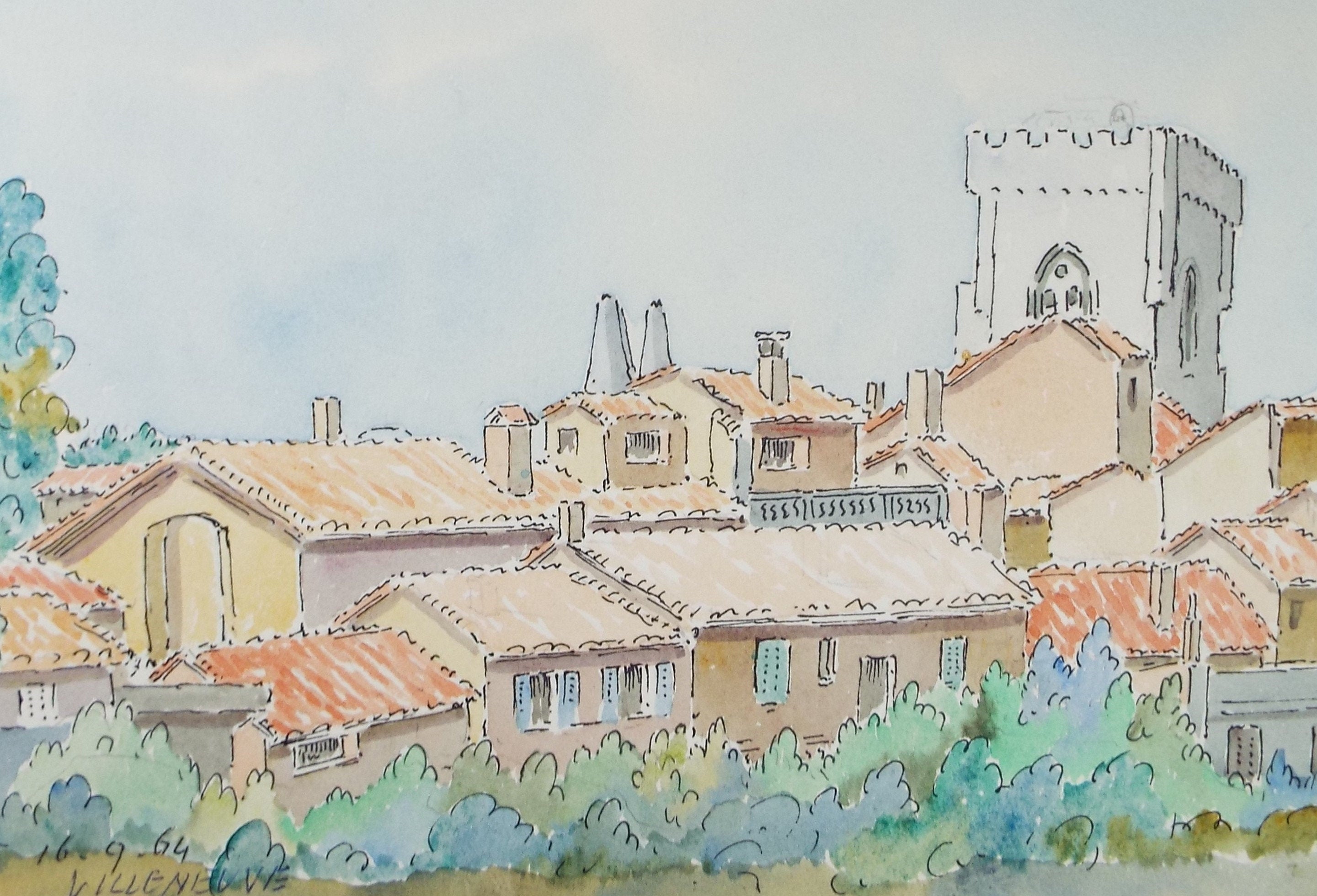Original Watercolour & Ink , 'Villenueve', Cicely Glyn de Beers (1891-1973), Dated 1964