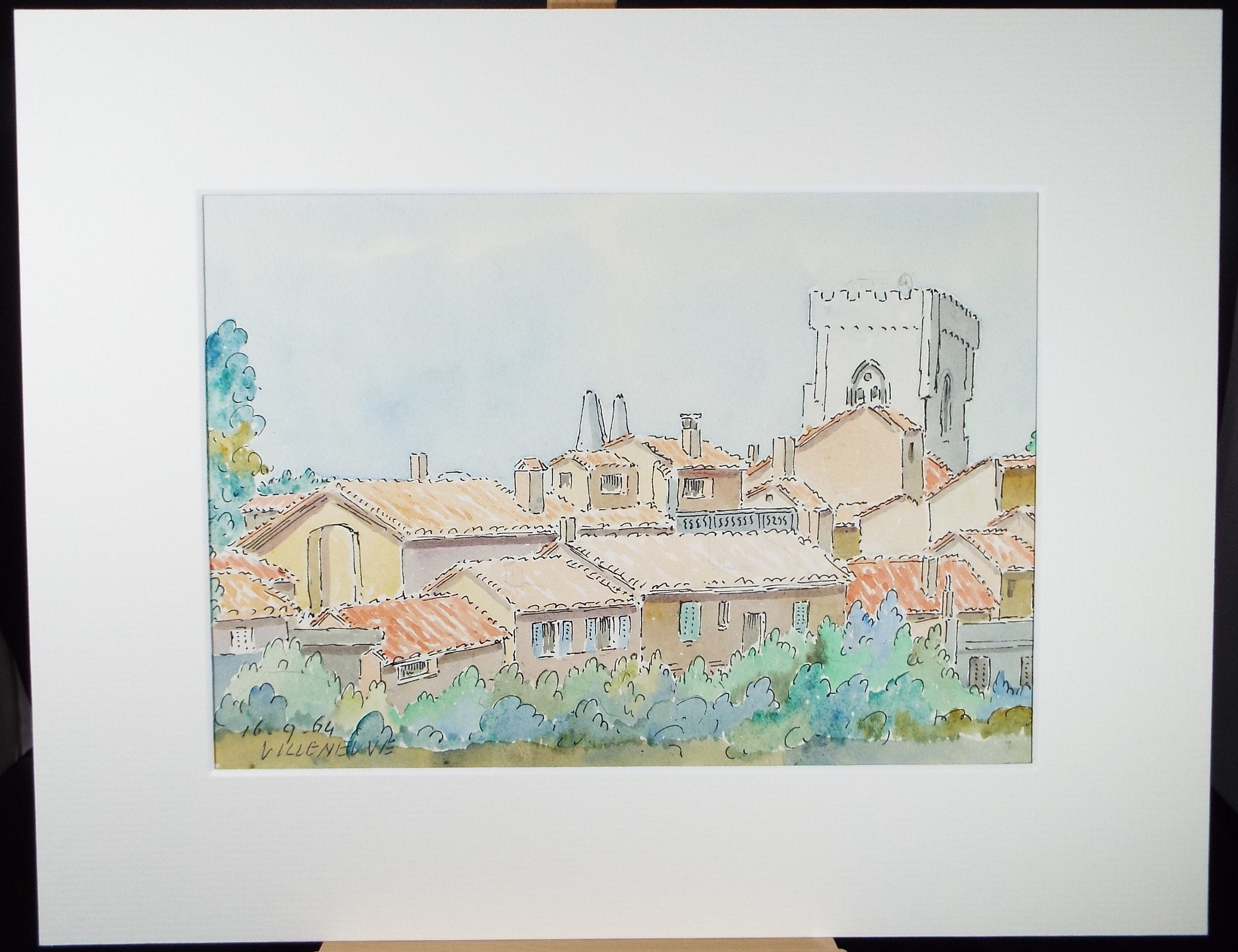 Original Watercolour & Ink , 'Villenueve', Cicely Glyn de Beers (1891-1973), Dated 1964