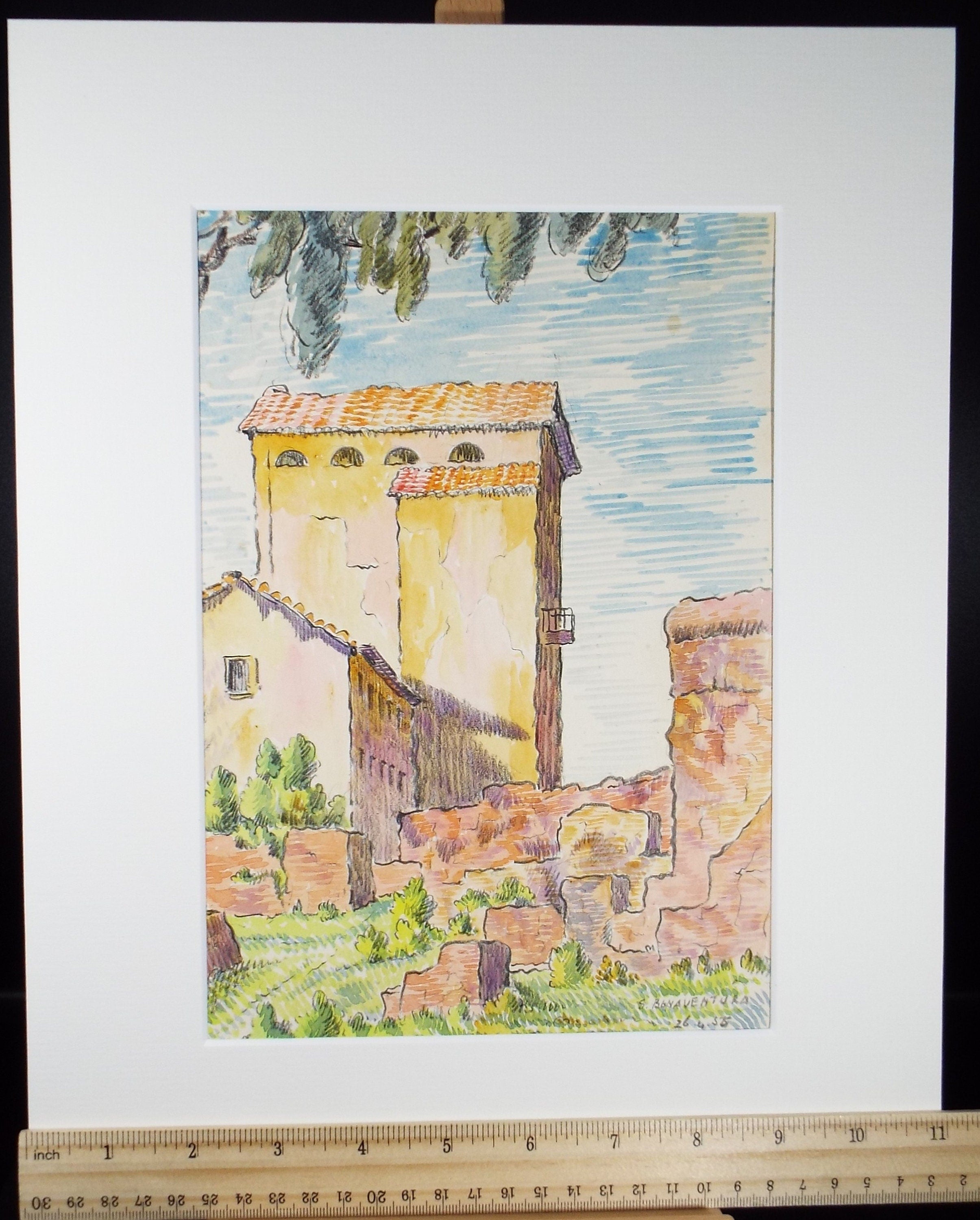 Original Watercolour & Pencil , 'S Benaventura', Cicely Glyn de Beers (1891-1973), Dated 1956
