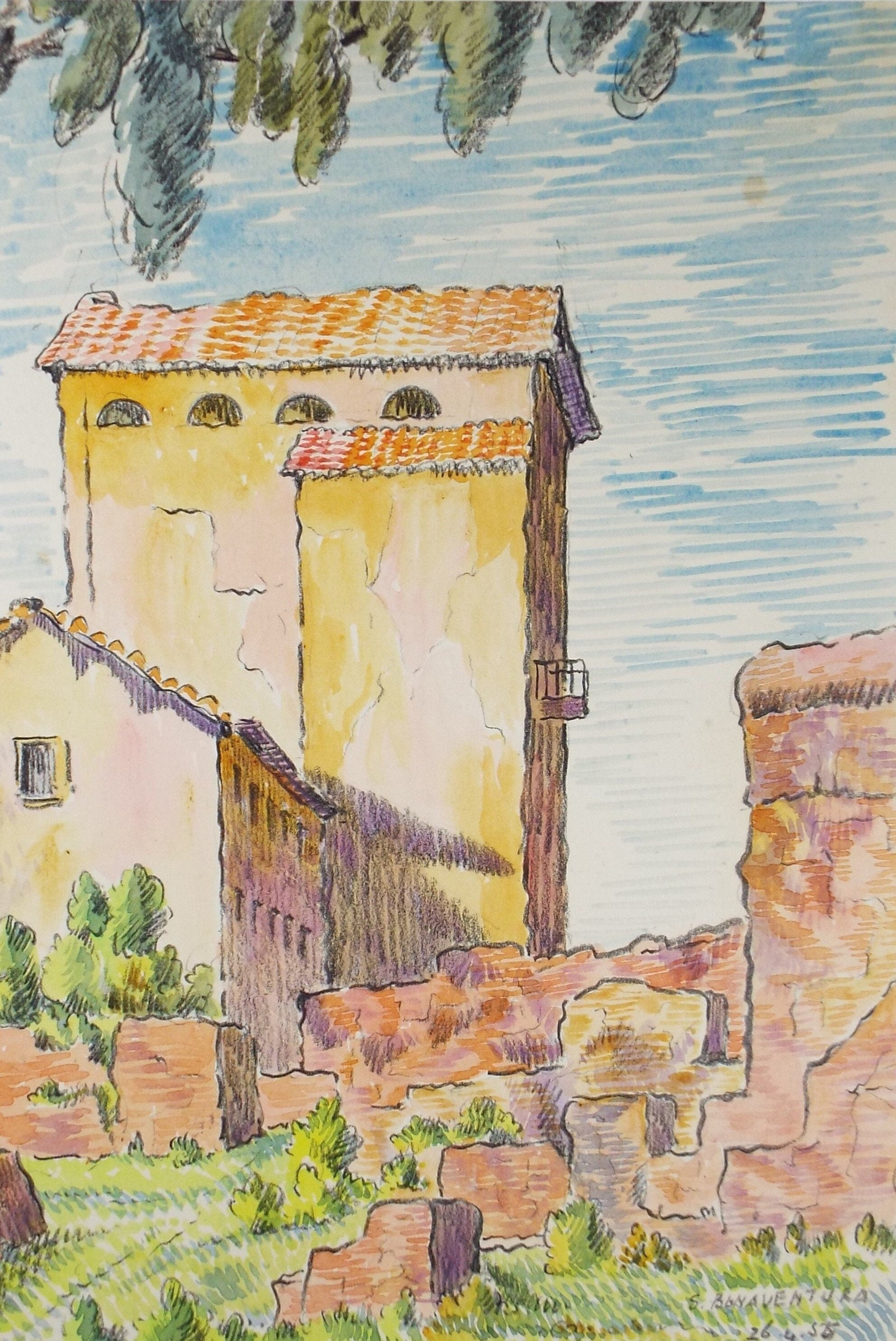 Original Watercolour & Pencil , 'S Benaventura', Cicely Glyn de Beers (1891-1973), Dated 1956