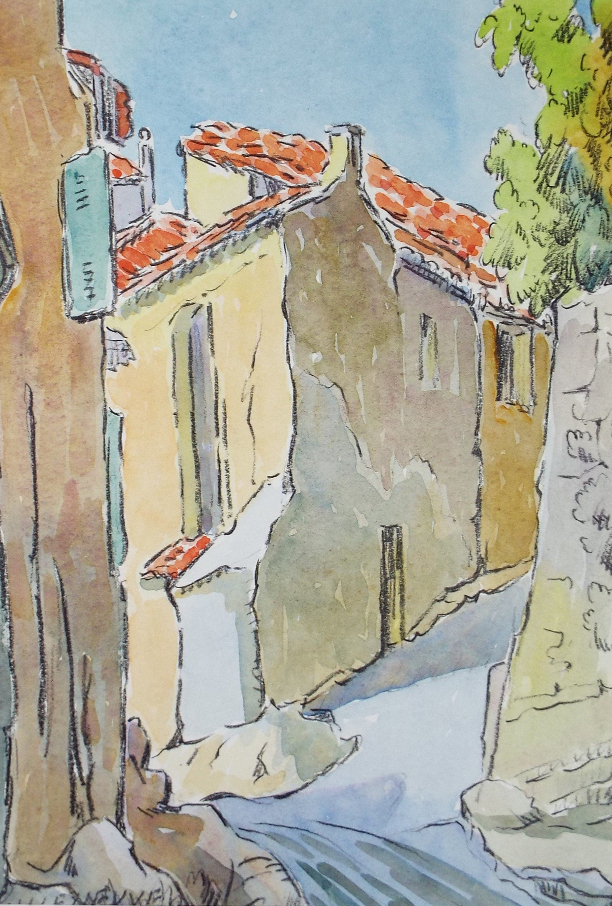 Original Watercolour & Pencil, 'Villeneuve', Cicely Glyn de Beers (1891-1973), Dated 1962