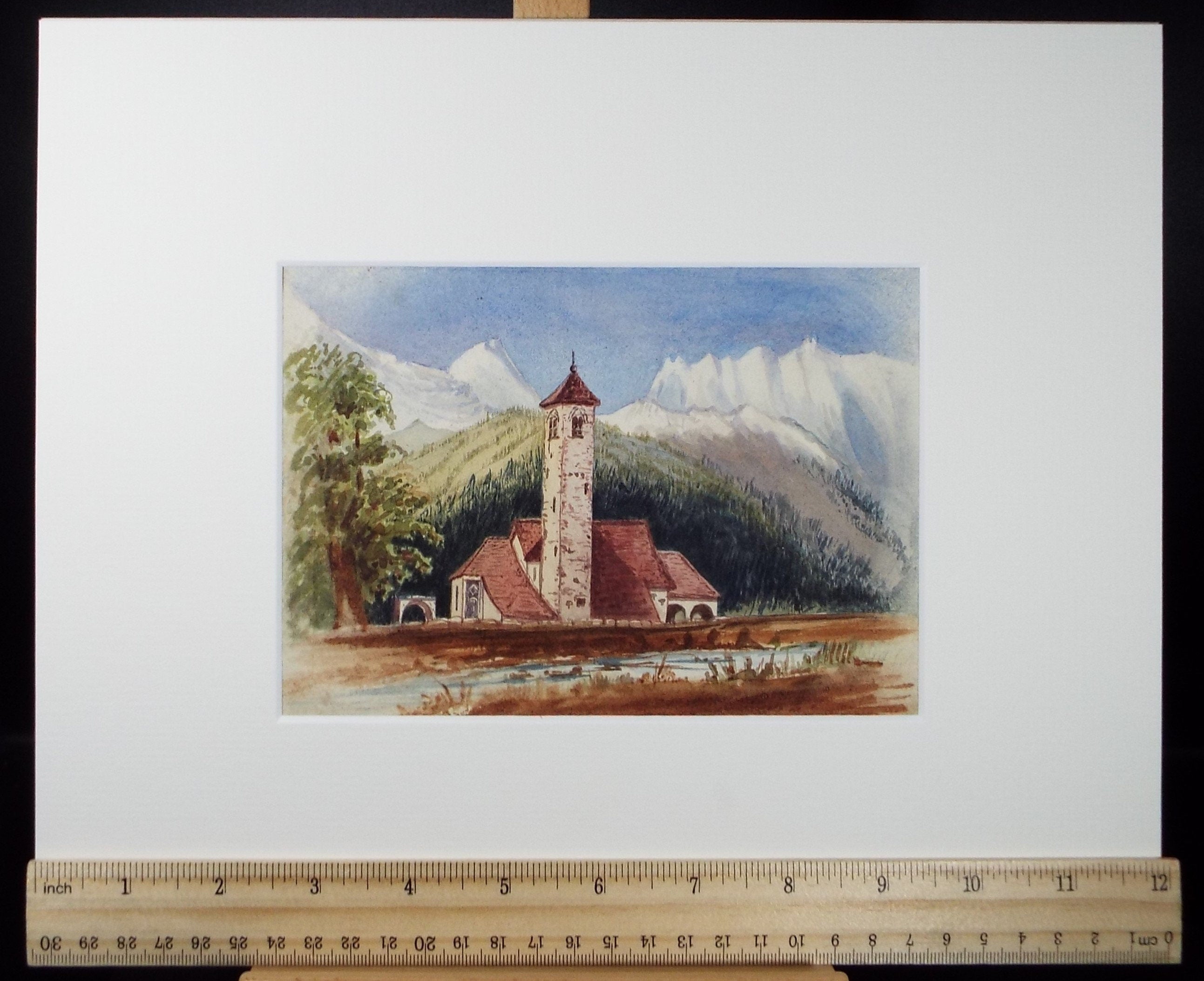 Original Watercolour, Alpine Village church, Late 19th Century, Artist Unknown