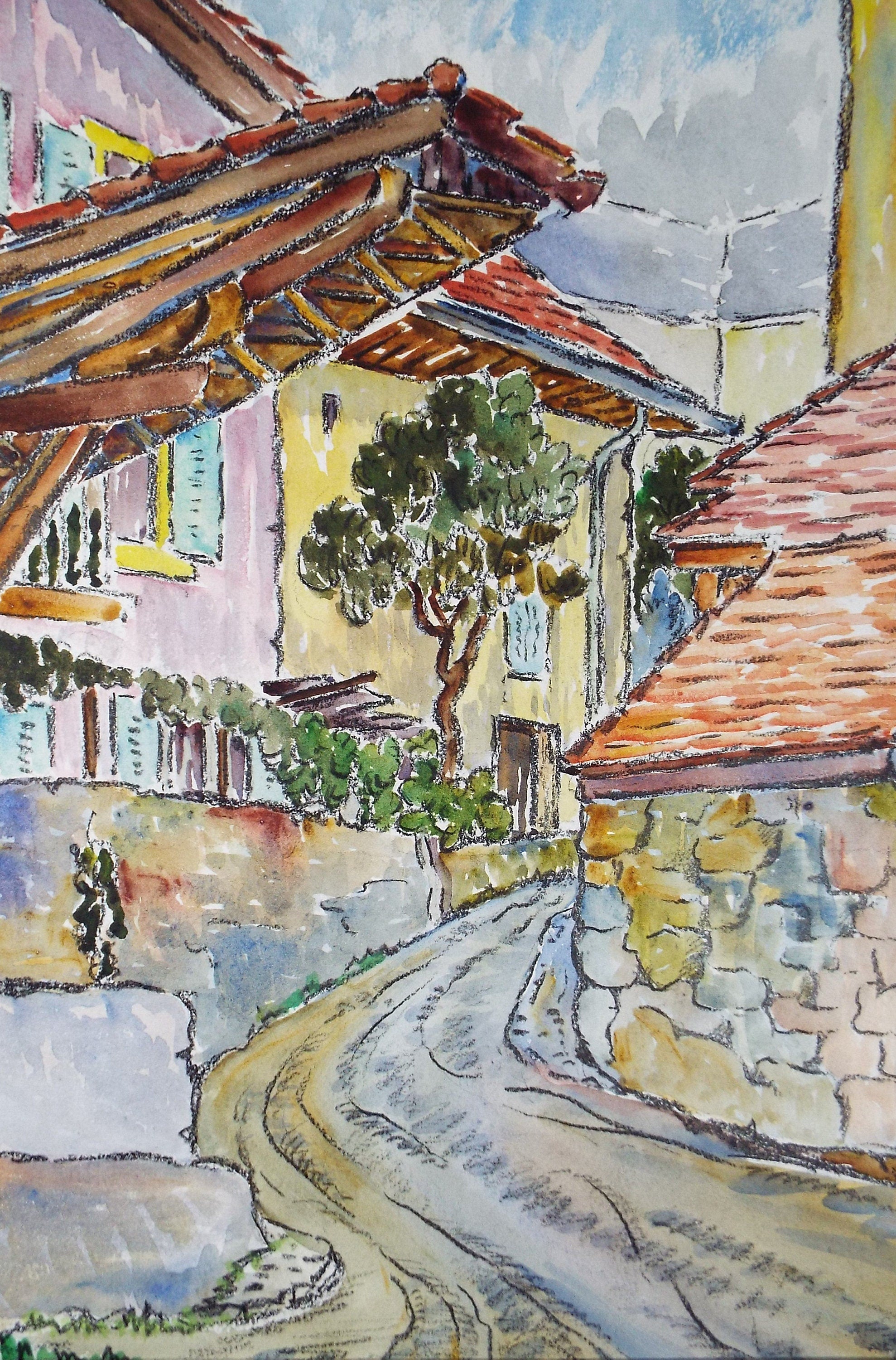 Original Watercolour & Pencil, 'Continental Street View', Cicely Glyn de Beers (1891-1973), Dated 1948