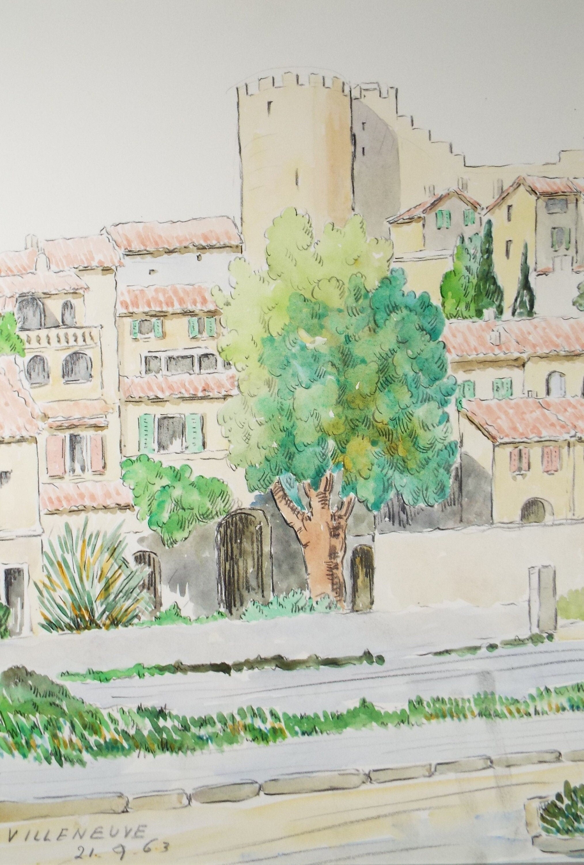 Original Watercolour & Ink , 'Villeneuve', Cicely Glyn de Beers (1891-1973), Dated 1963