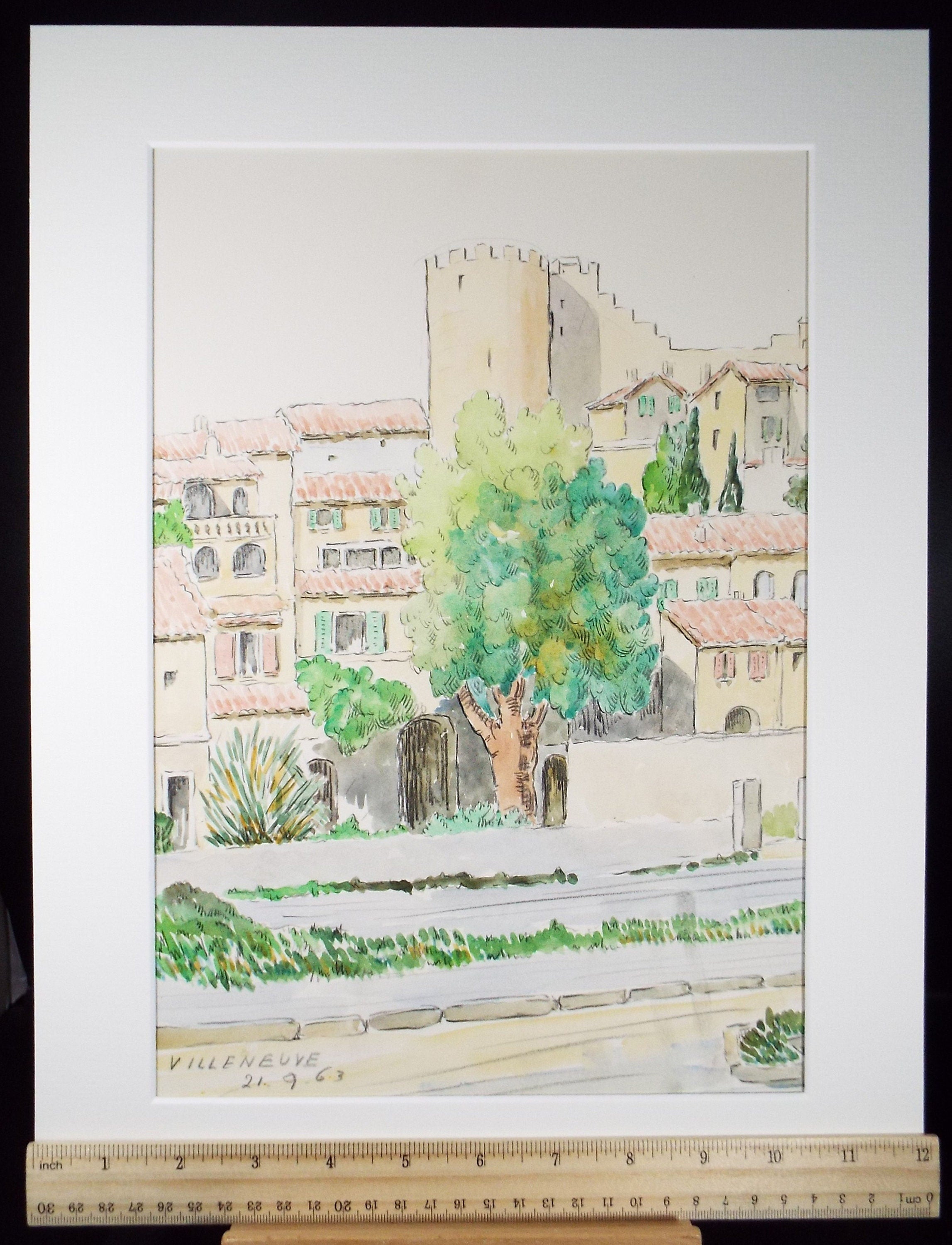 Original Watercolour & Ink , 'Villeneuve', Cicely Glyn de Beers (1891-1973), Dated 1963